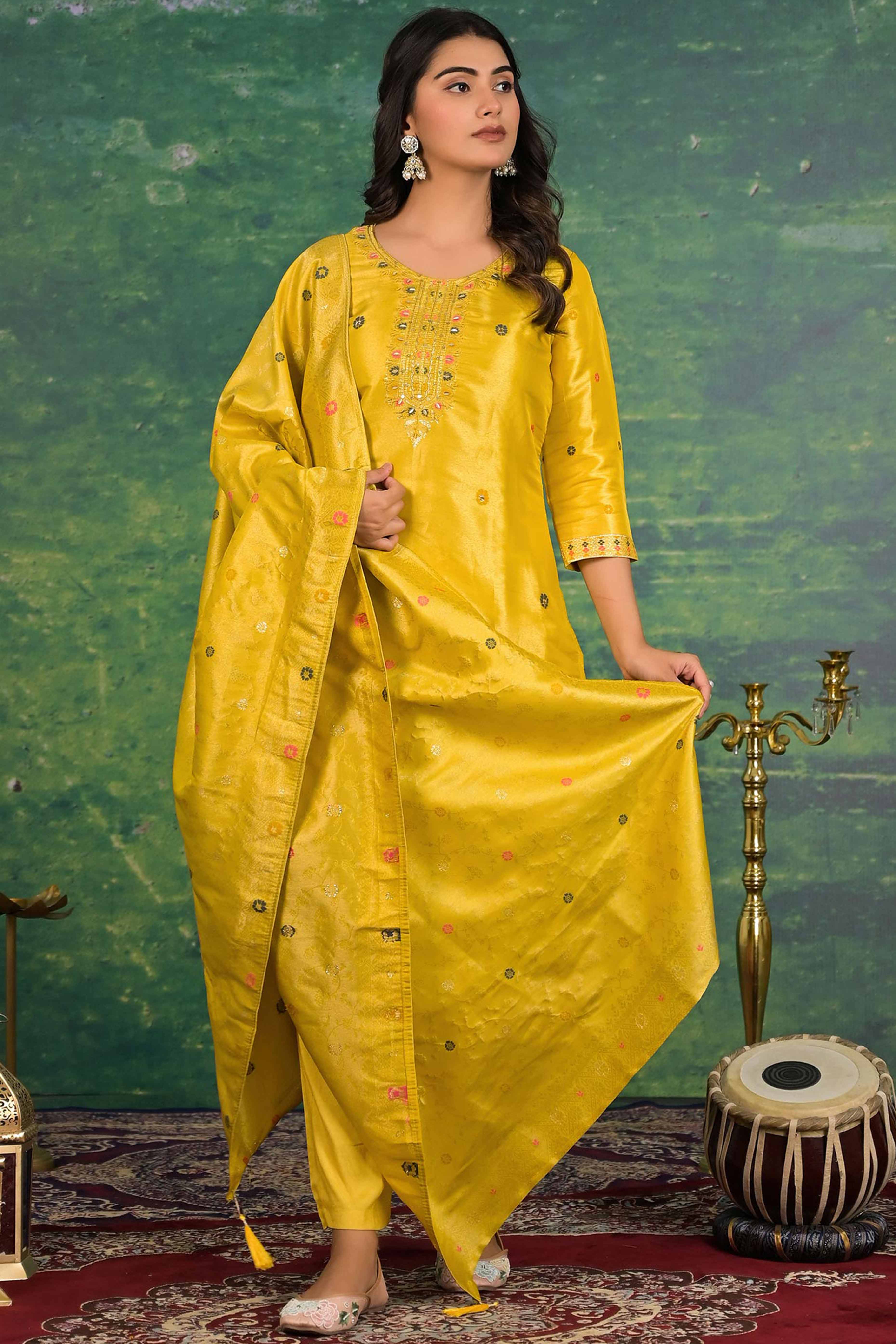 Mustard Floral Woven Dola Silk Salwar Suit