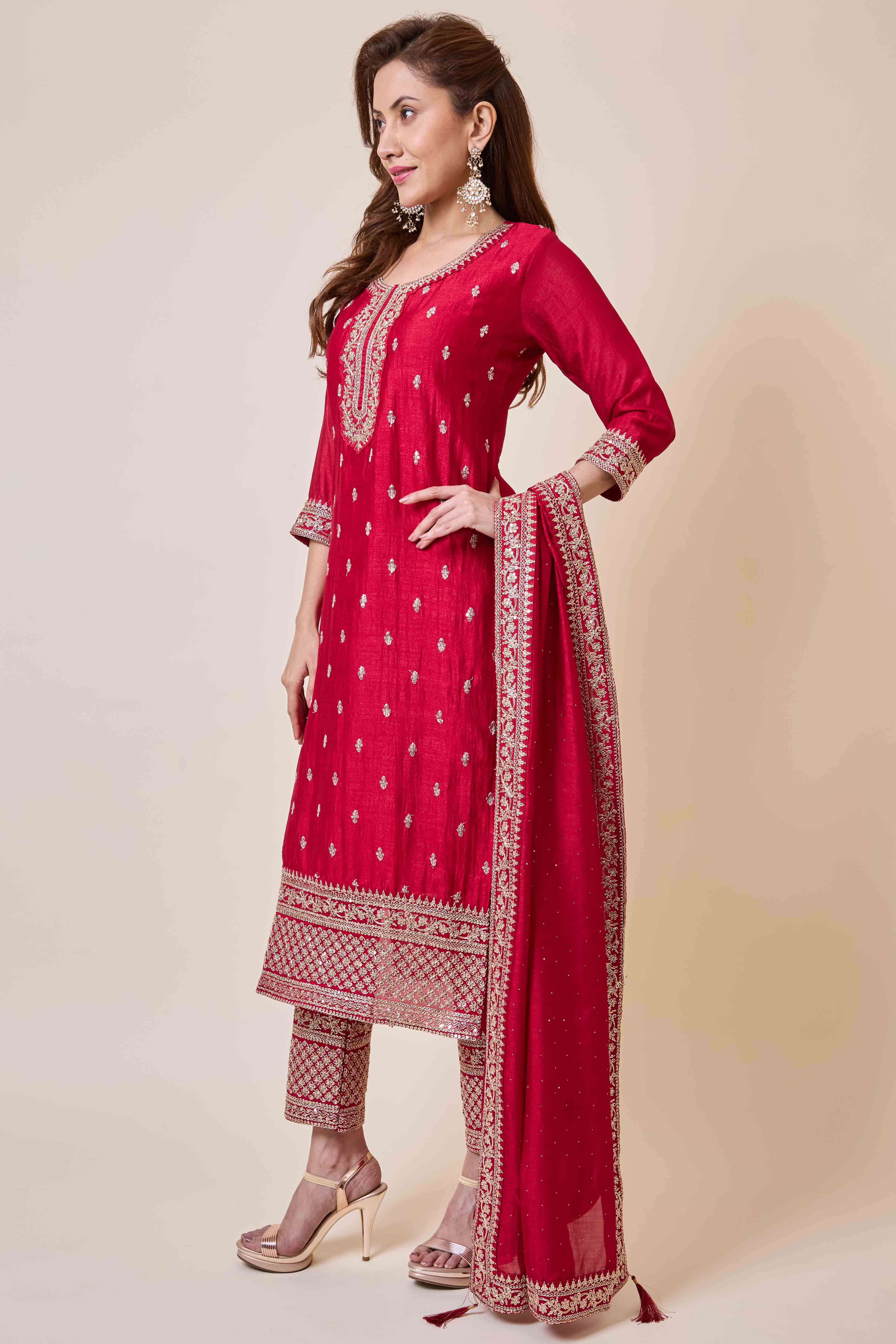 Dark Pink Embroidered Vichitra Silk Salwar Suit