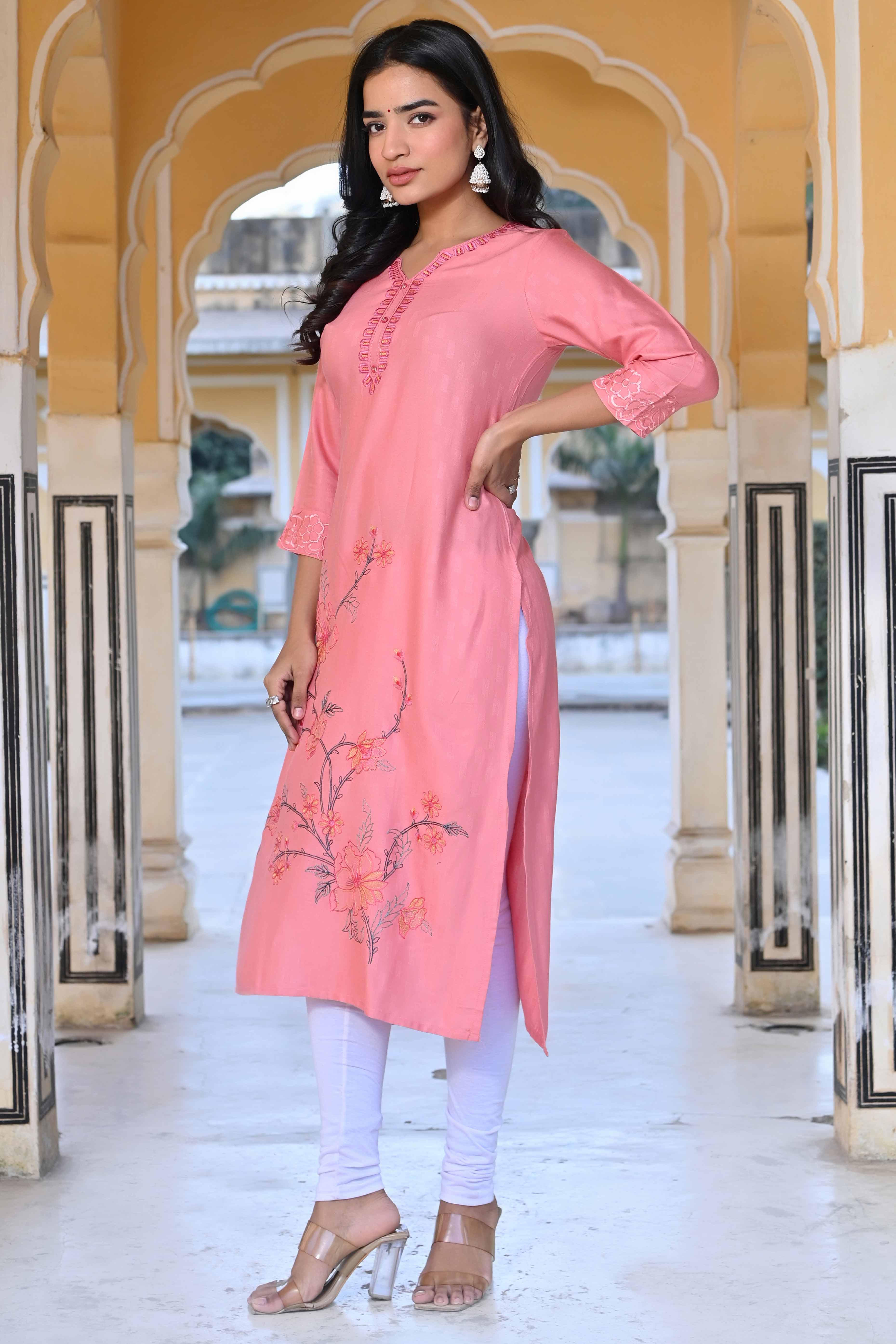 Peach Floral Embroidered Rayon Straight Kurti