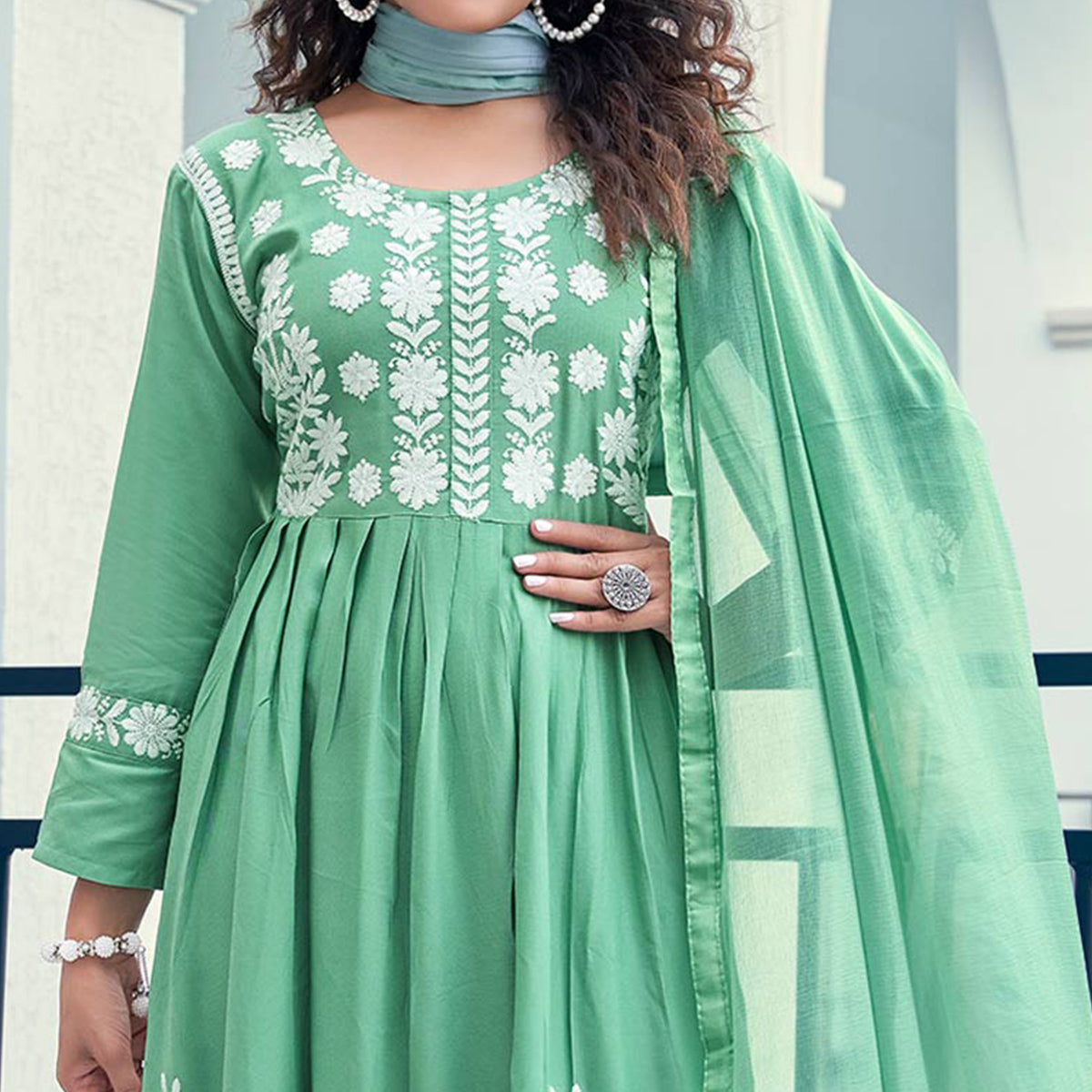 Pista Green Embroidered Rayon Salwar suit