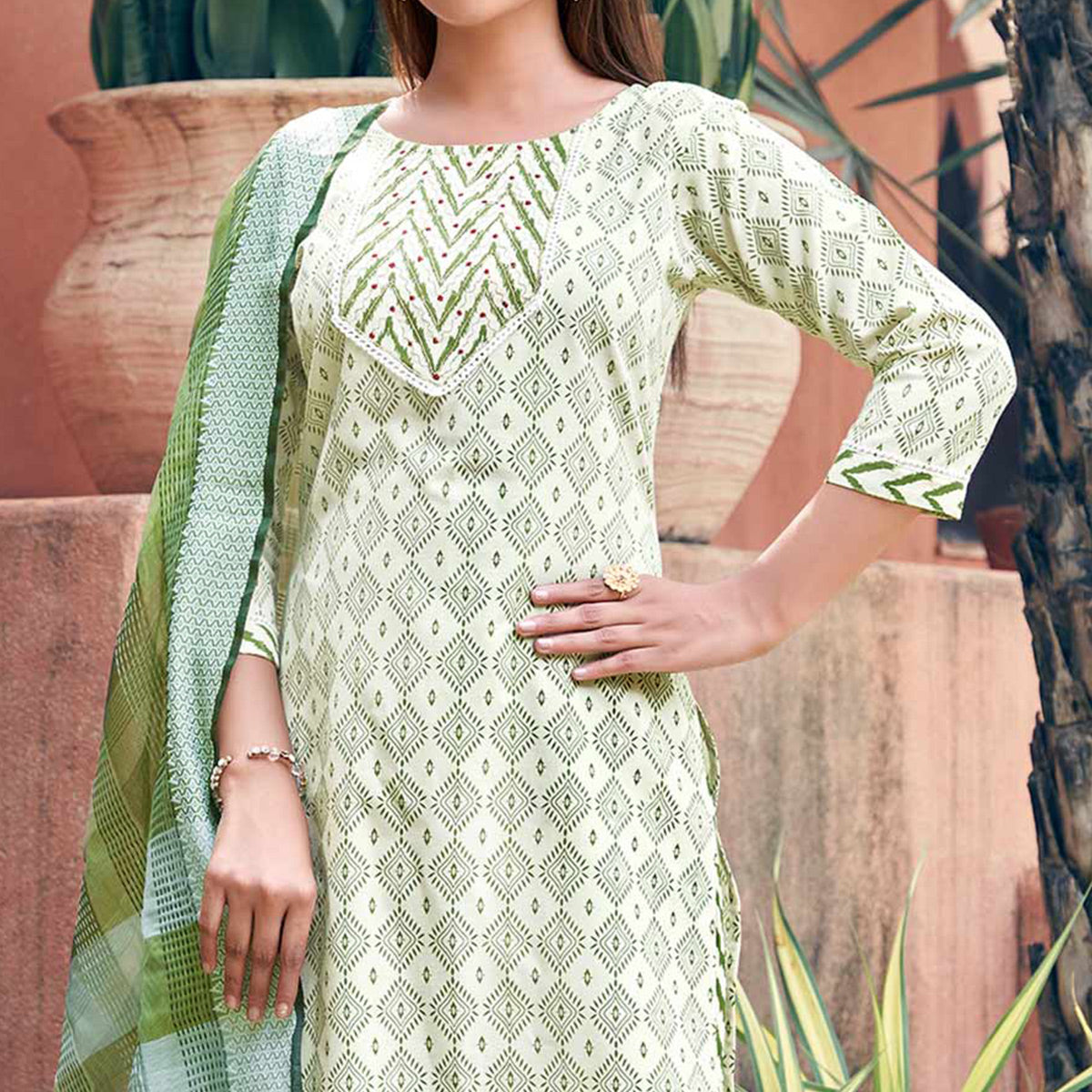 Off White & Green Printed Pure Cotton Salwar Suit