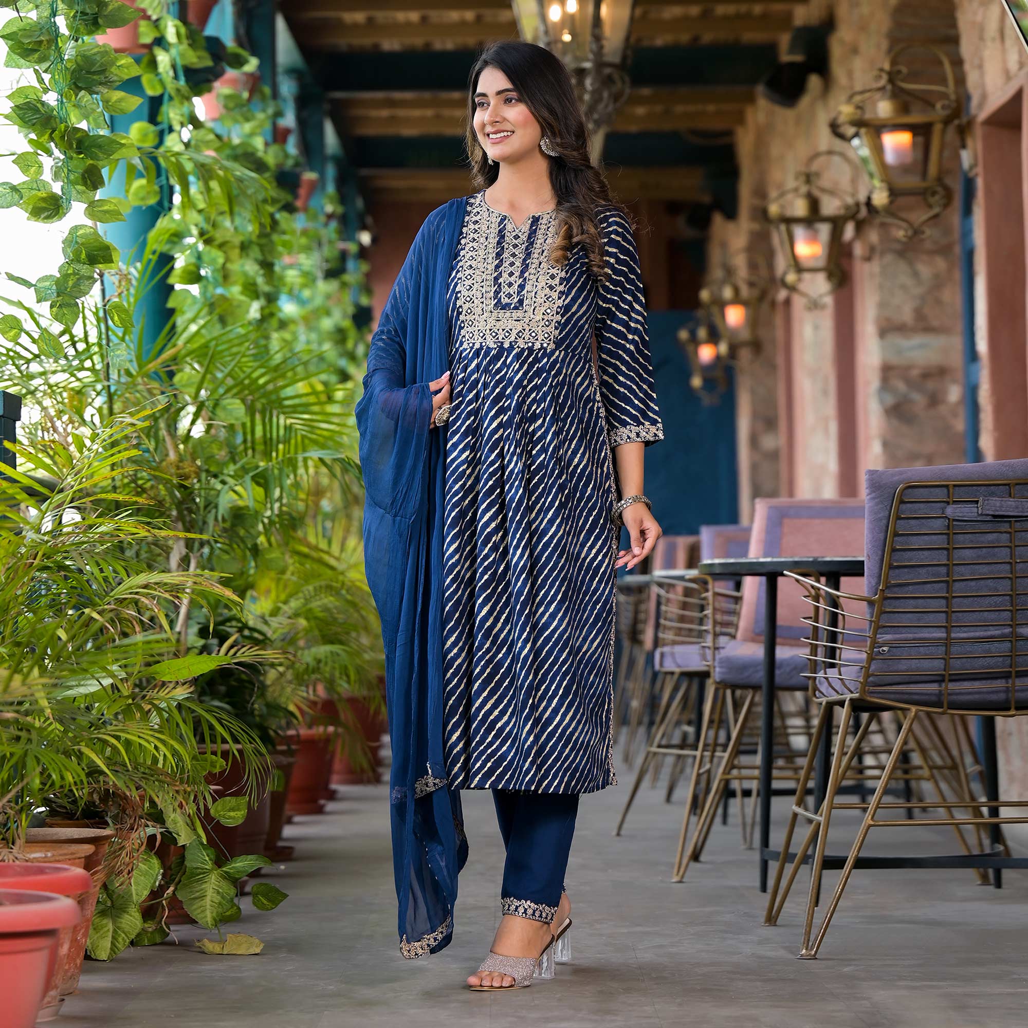 Navy Blue Leheriya Printed Naira Cut Rayon Salwar Suit