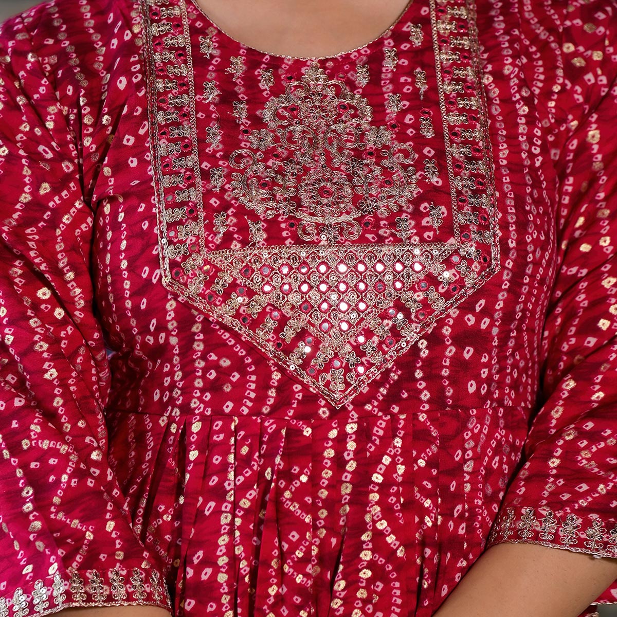 Pink Bandhani Printed Naira Cut Rayon Salwar Suit