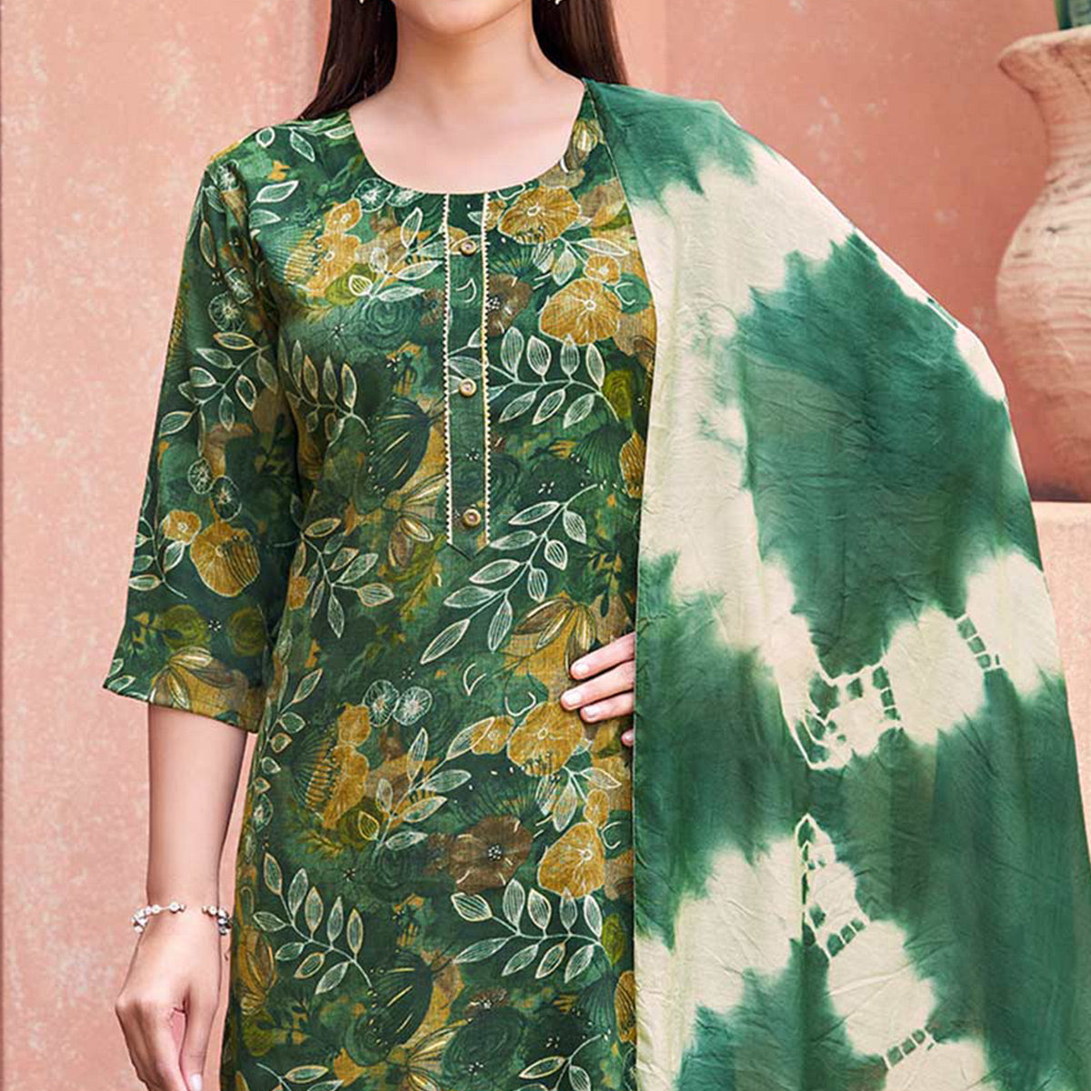 Green Floral Foil Printed Rayon Suit