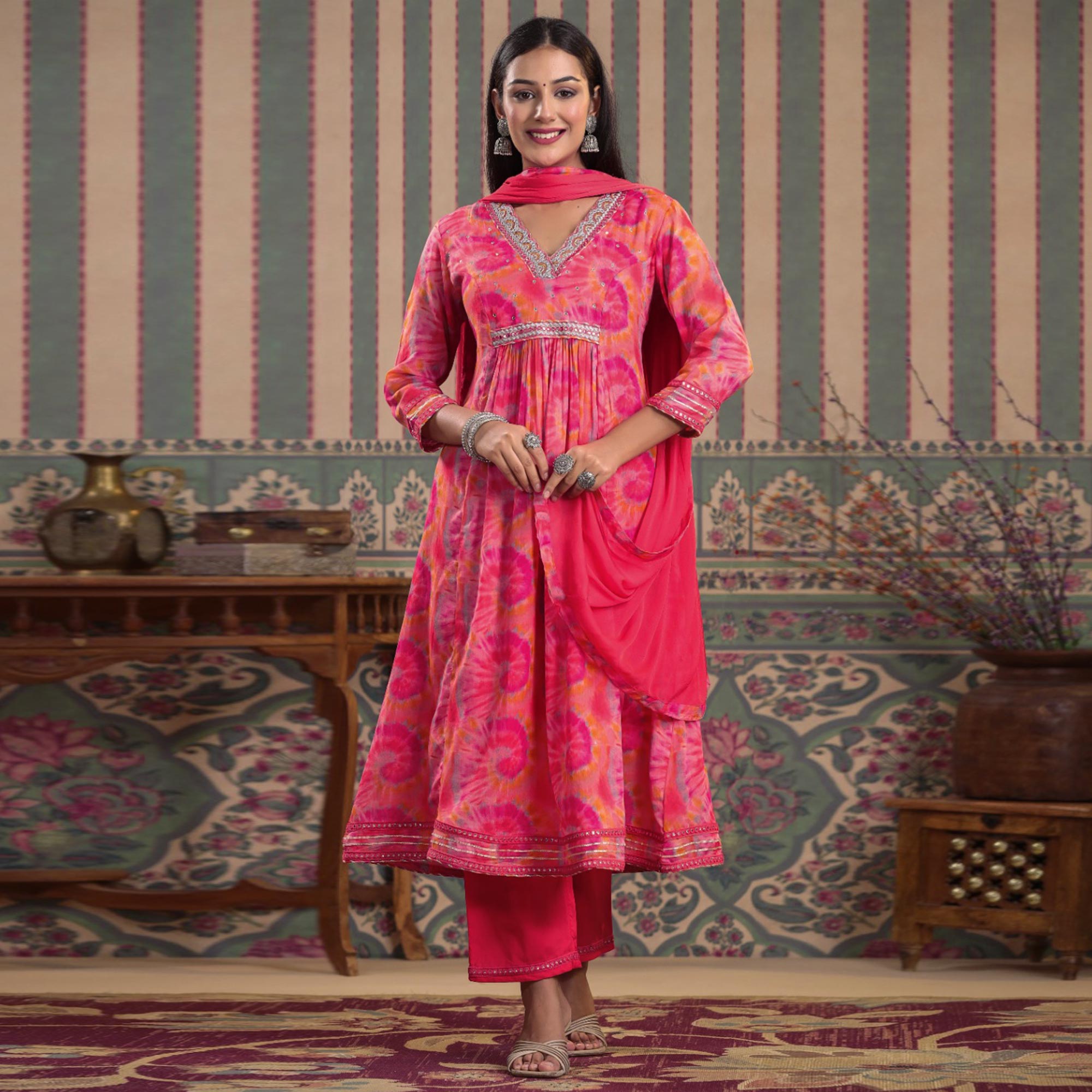 Peach & Pink Printed With Embroidered Chiffon Anarkali Suit