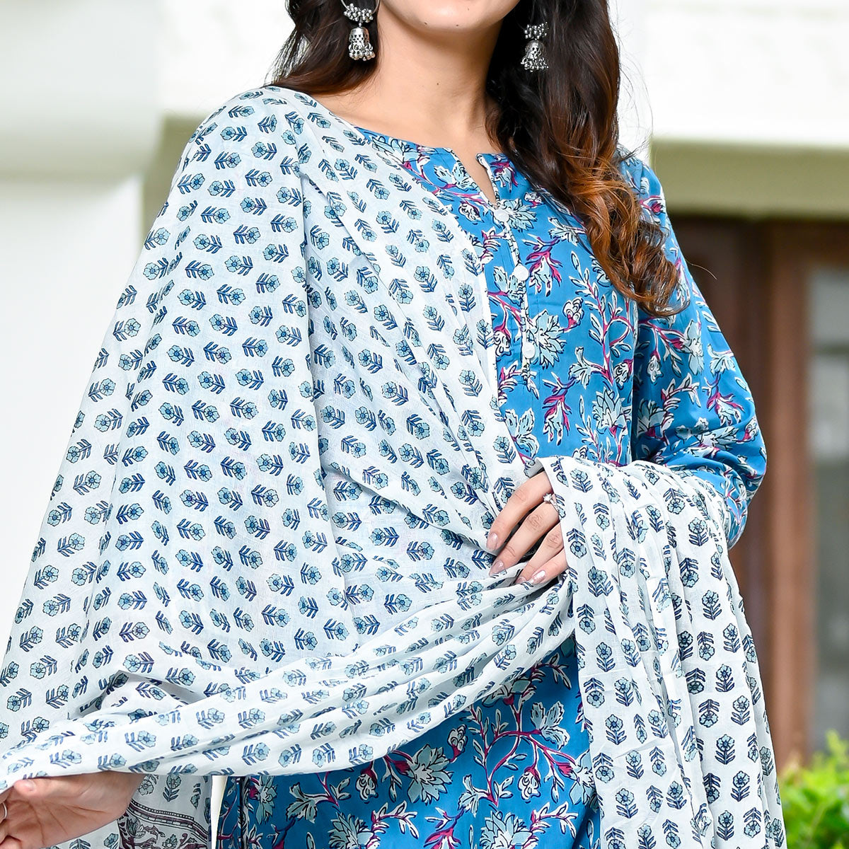 Blue Floral Printed Pure Cotton Salwar Suit