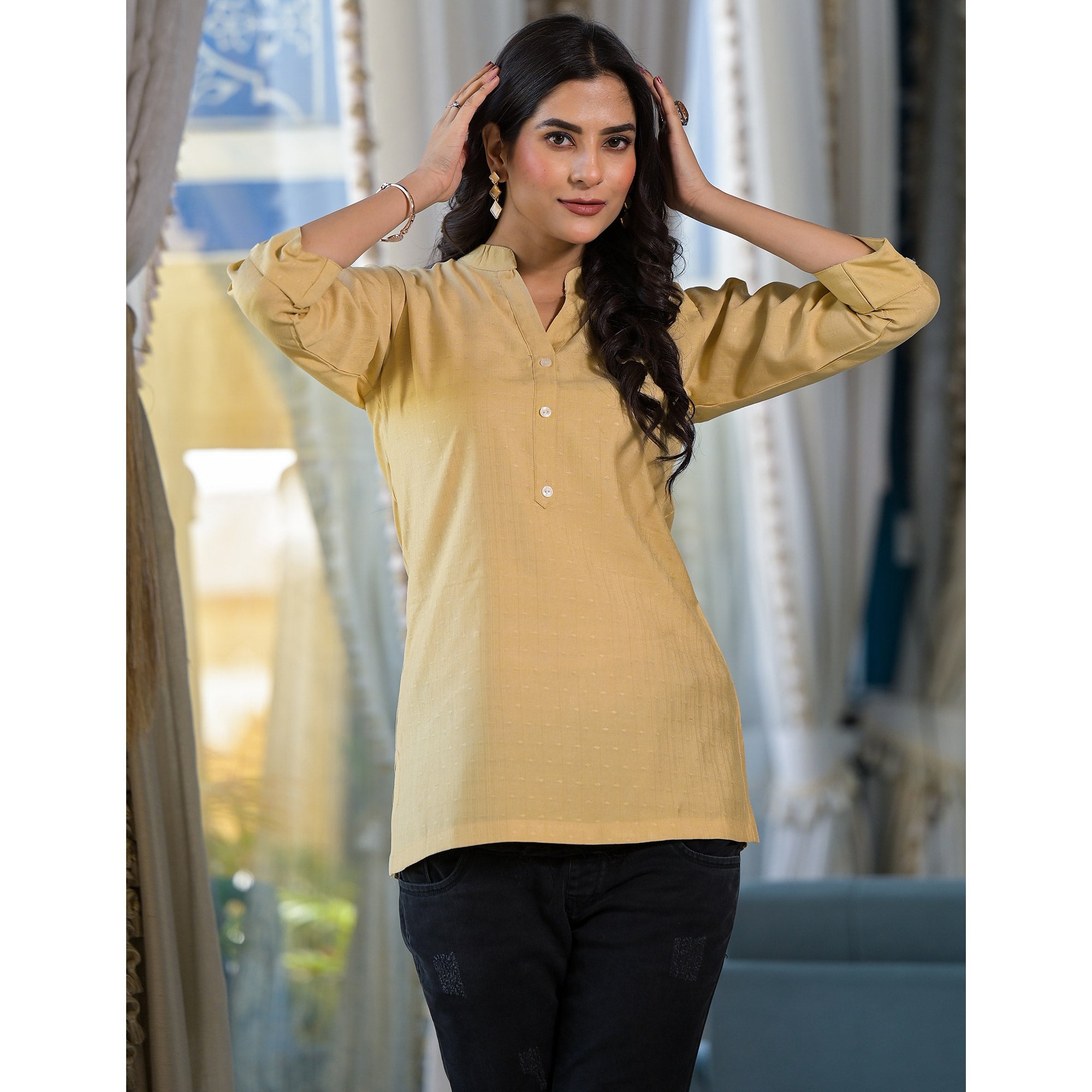 Beige Solid Cotton Silk Straight Top