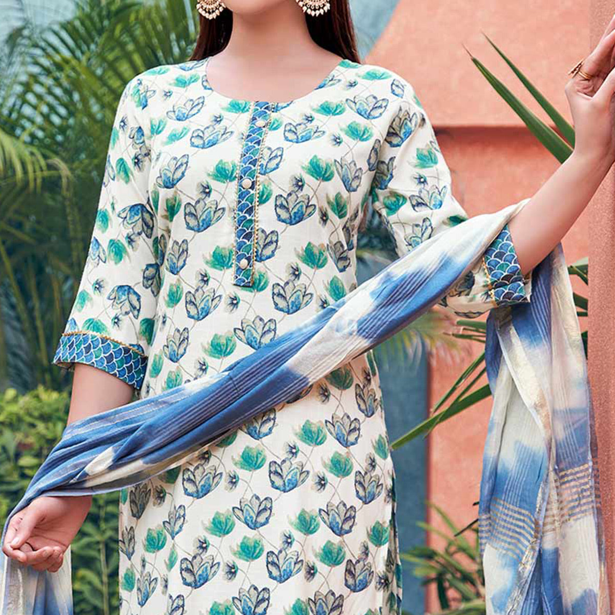 White & Blue Floral Foil Printed Pure Cotton Suit