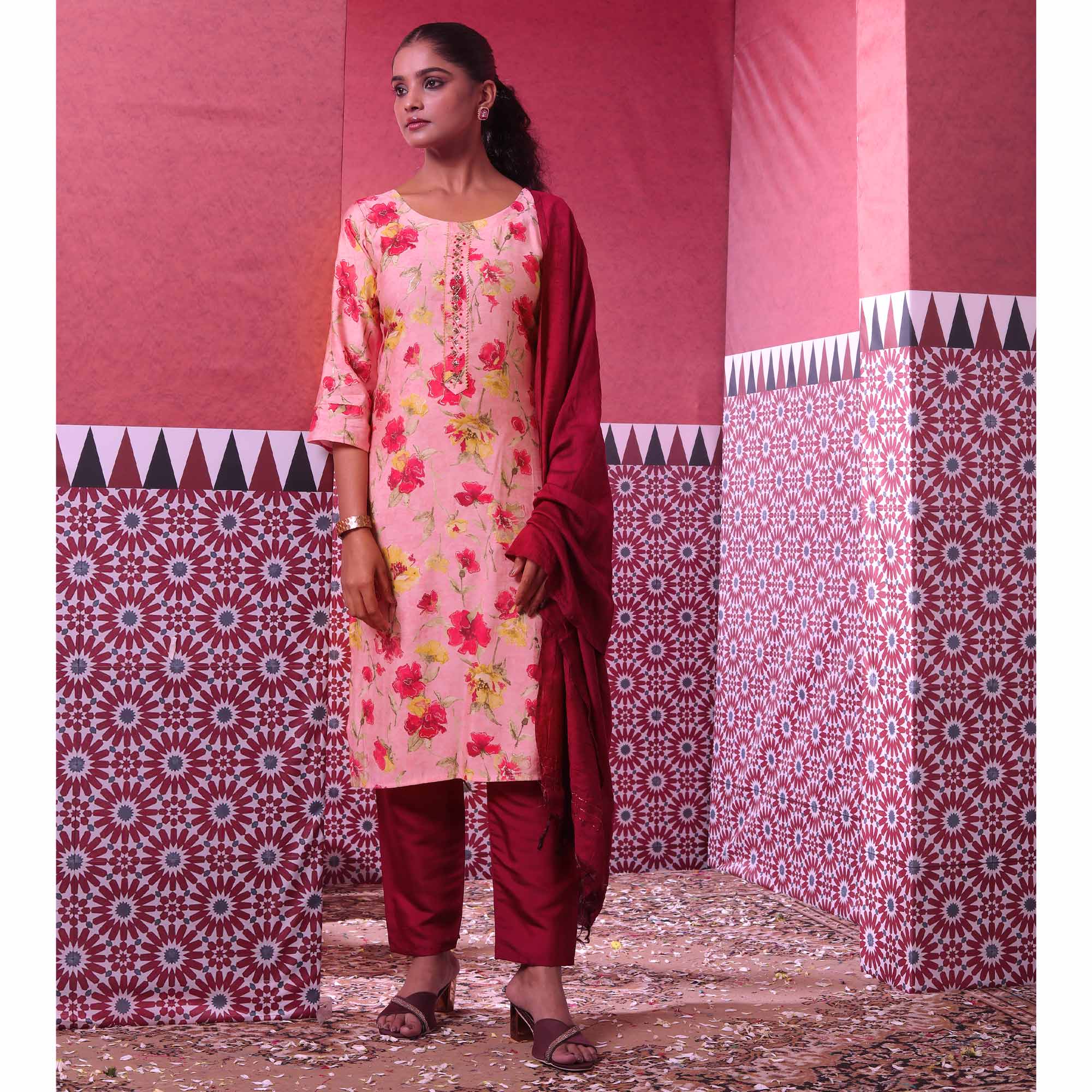 Pink Floral Foil Printed Modal Suit