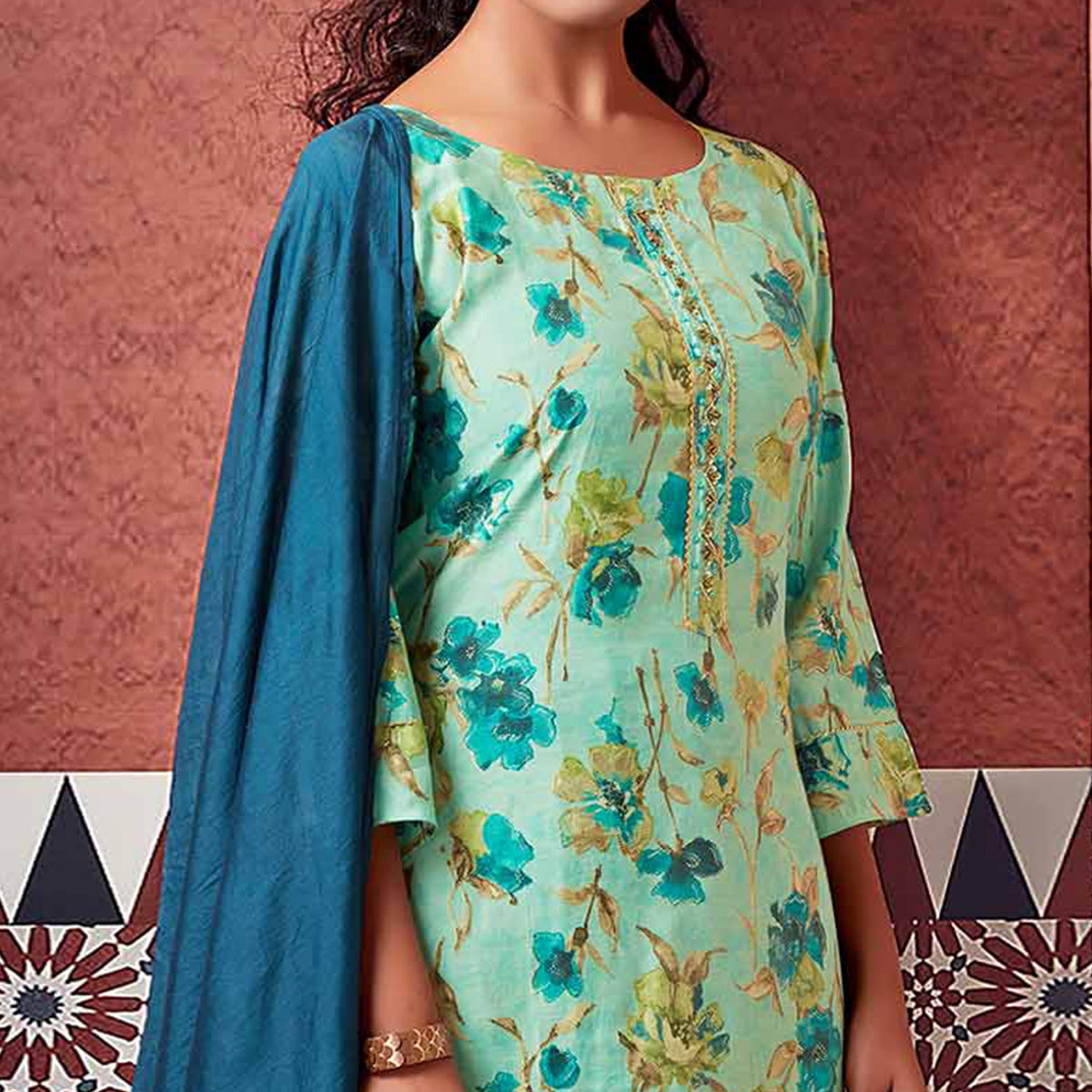 Turquoise Floral Foil Printed Modal Suit