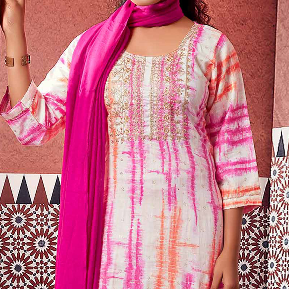 White & Pink Striped Printed Pure Cotton Suit