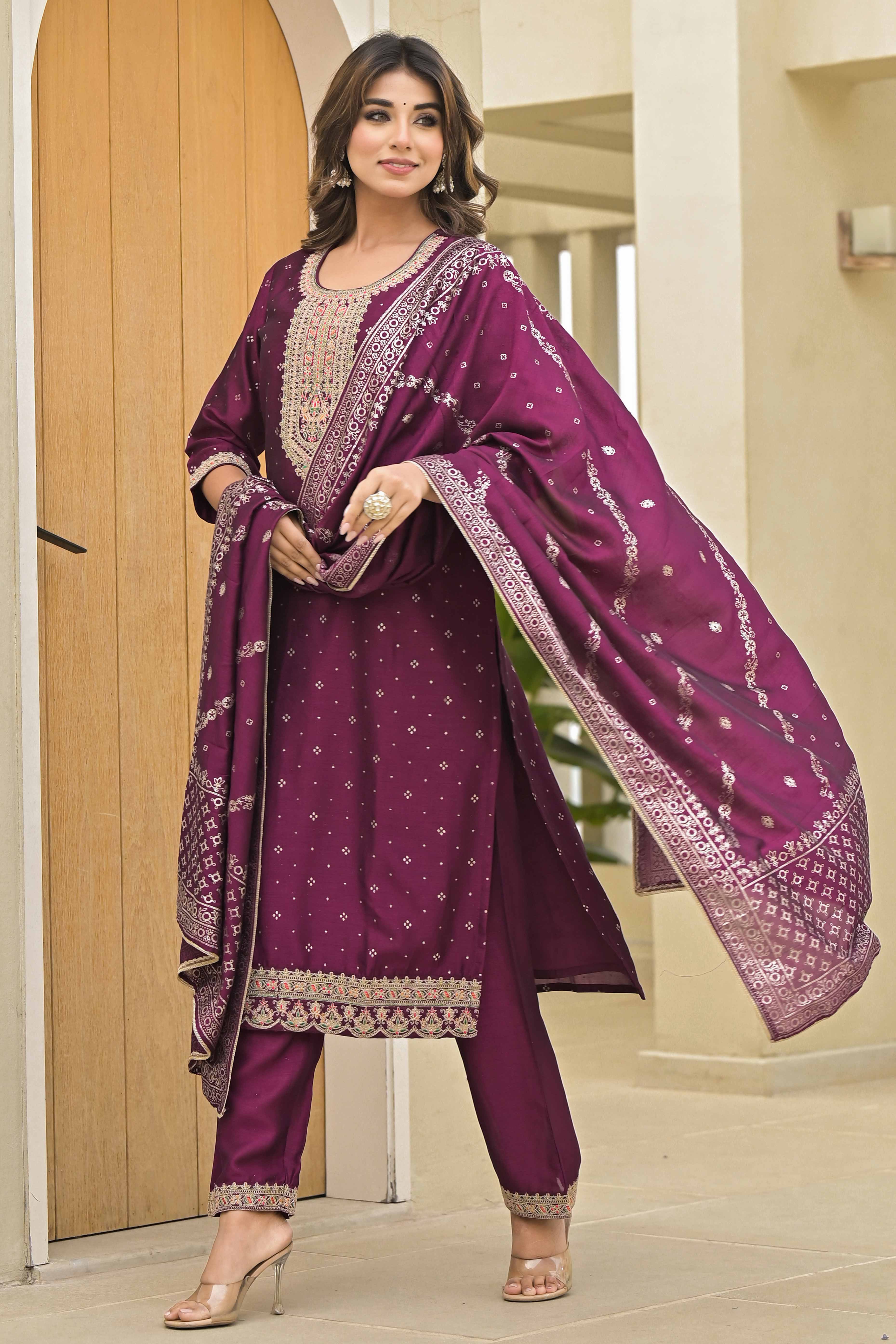 Dark Purple Golden Embroidered Vichitra Silk Salwar Suit