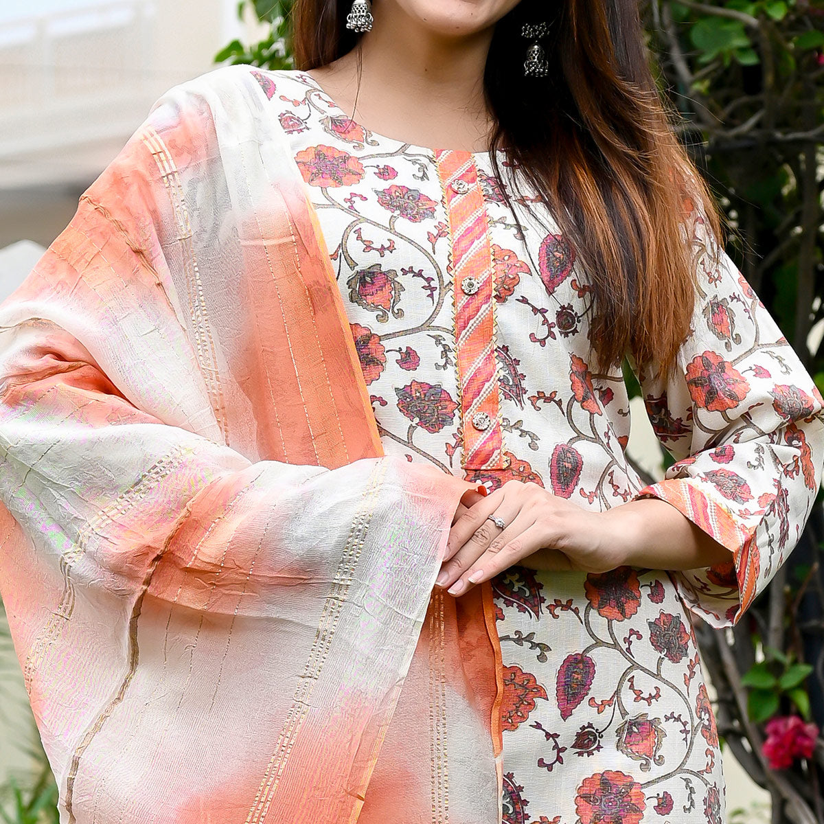 White Peach Floral Printed Rayon Salwar Suit