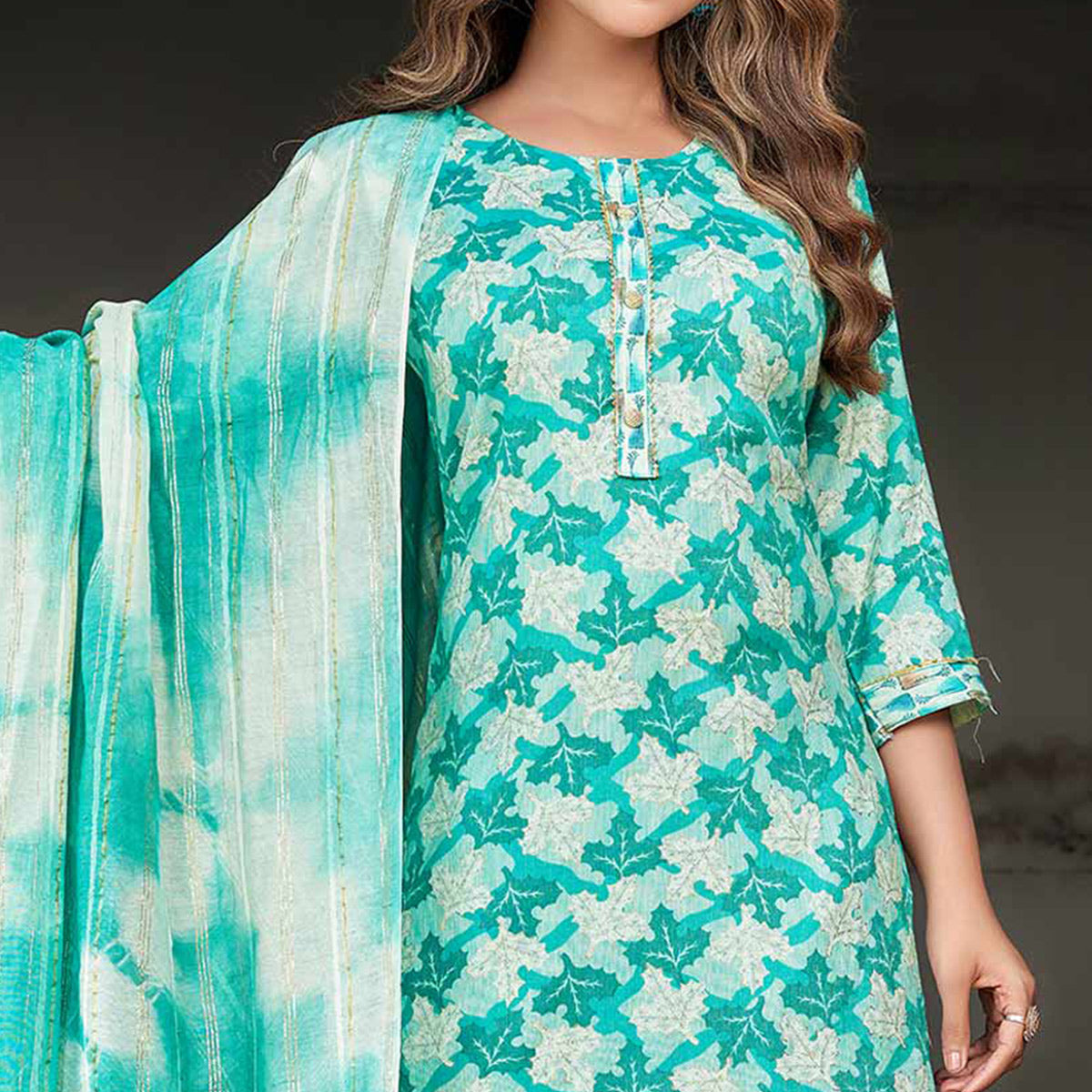 Turquoise Foil Printed Rayon Salwar Suit