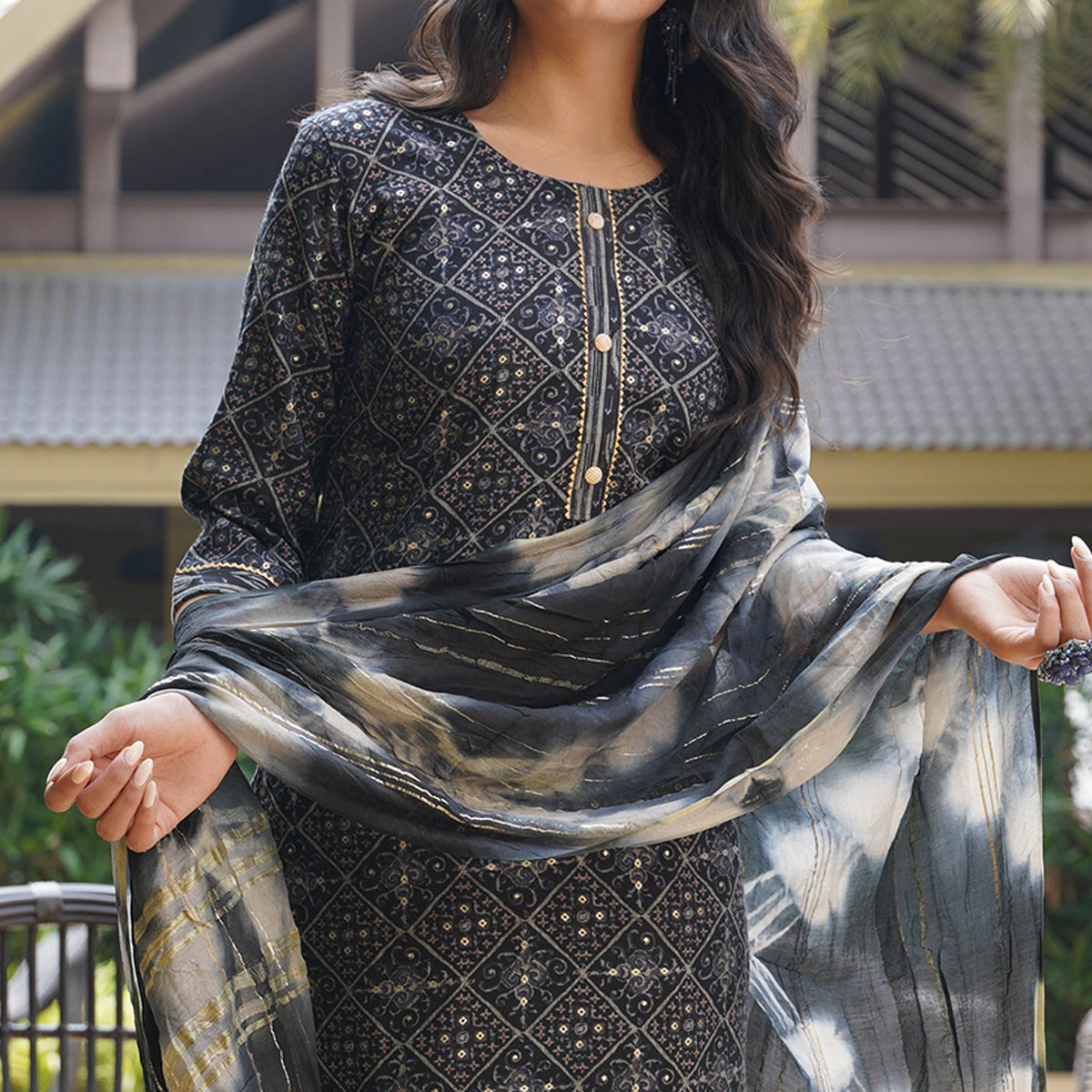 Black Foil Printed Rayon Suit