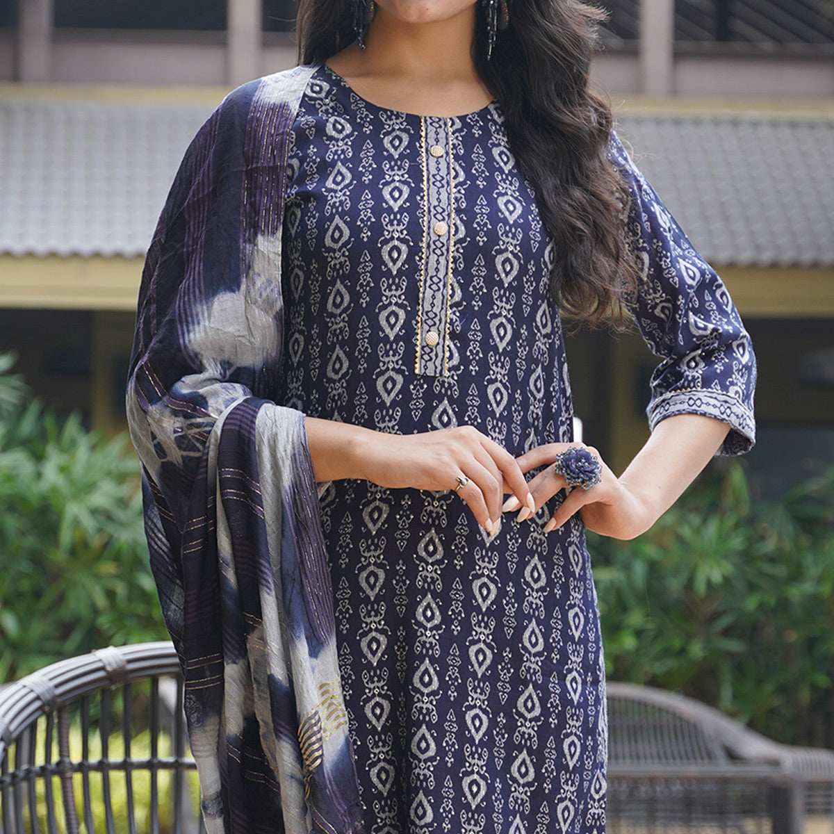 Navy Blue Foil Printed Rayon Suit