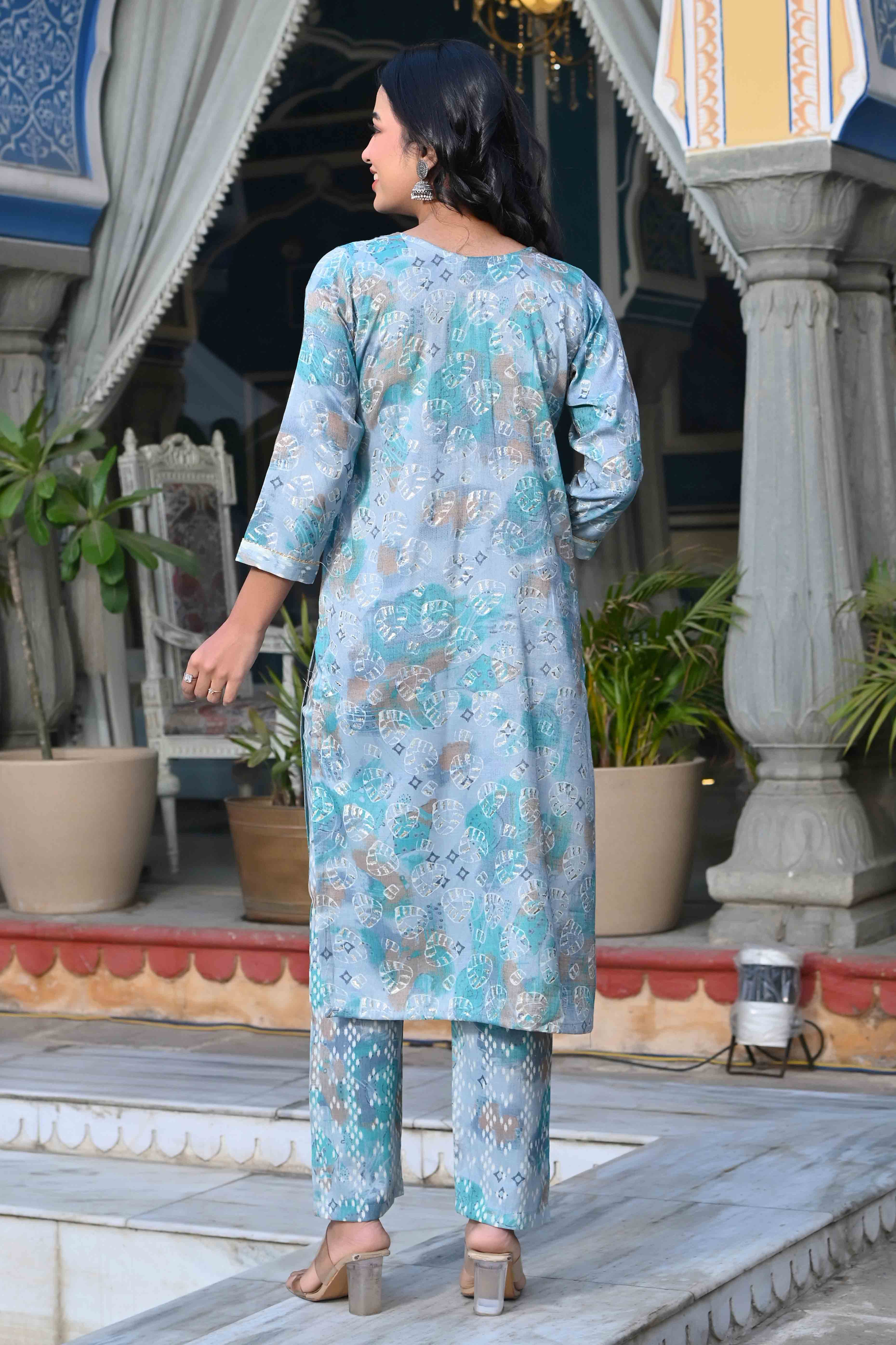 Grey & Turquoise Floral Foil Printed Rayon Salwar Suit