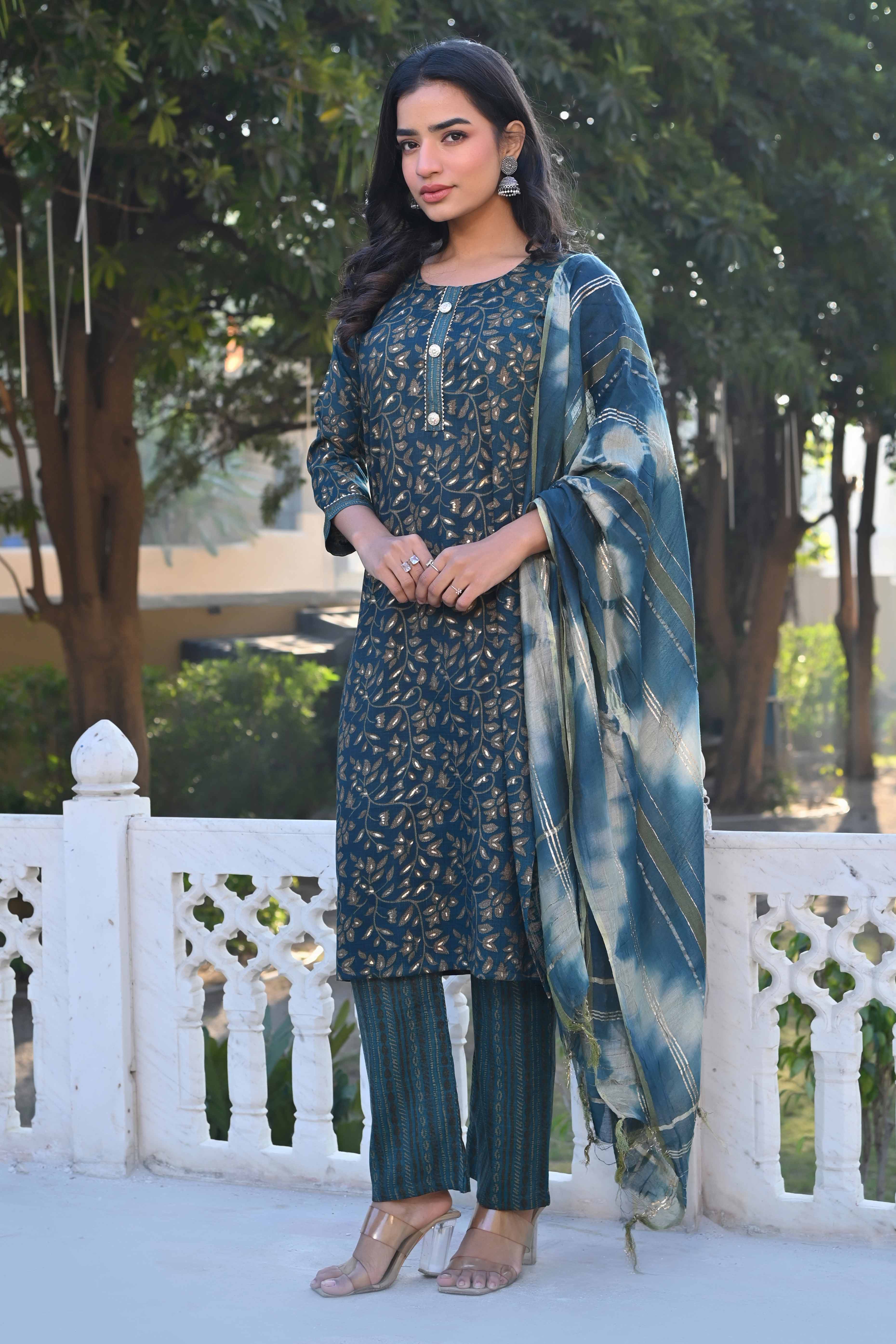 Morpich Blue Floral Foil Printed Rayon Salwar Suit