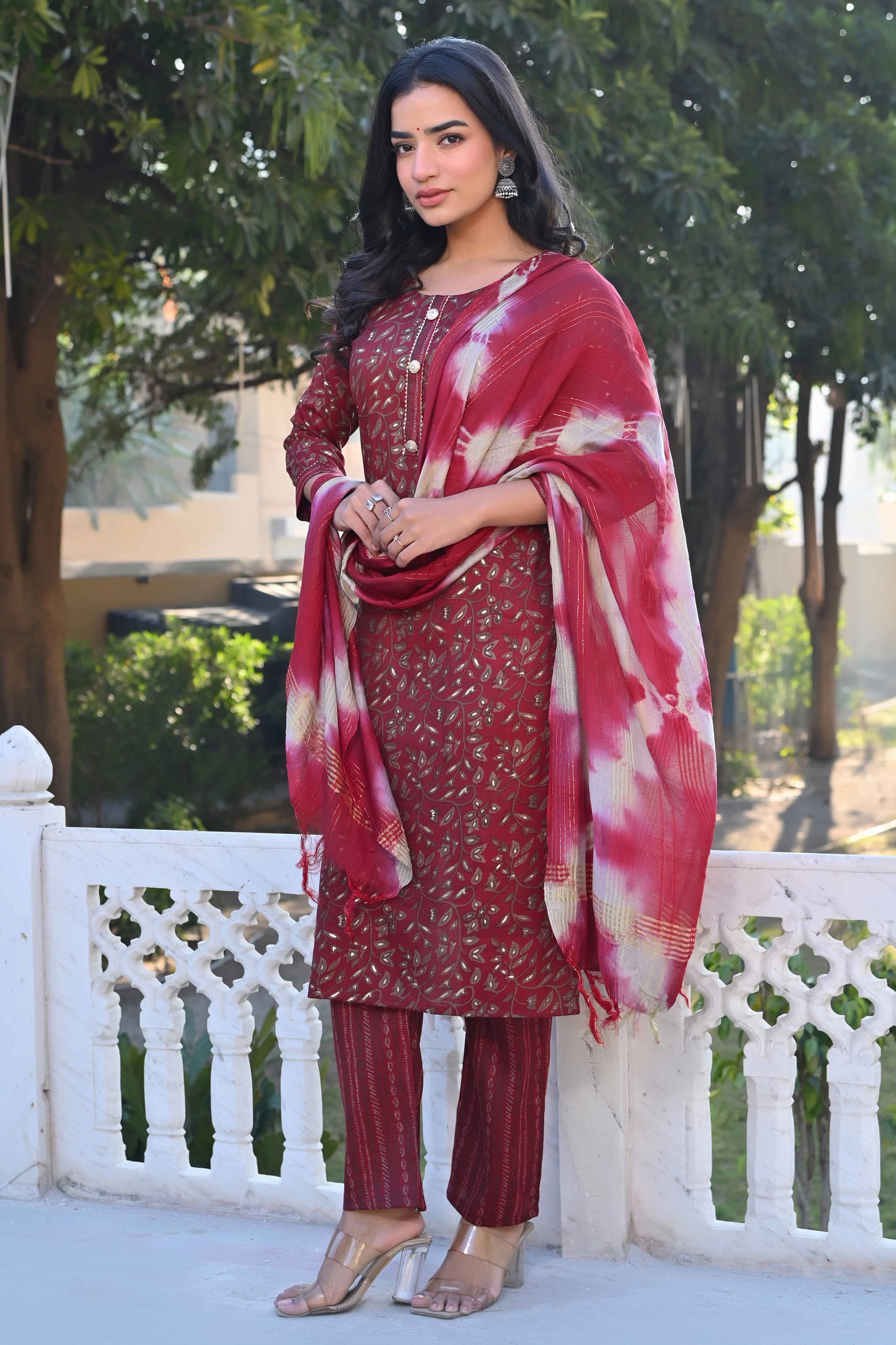 Red Floral Foil Printed Rayon Salwar Suit