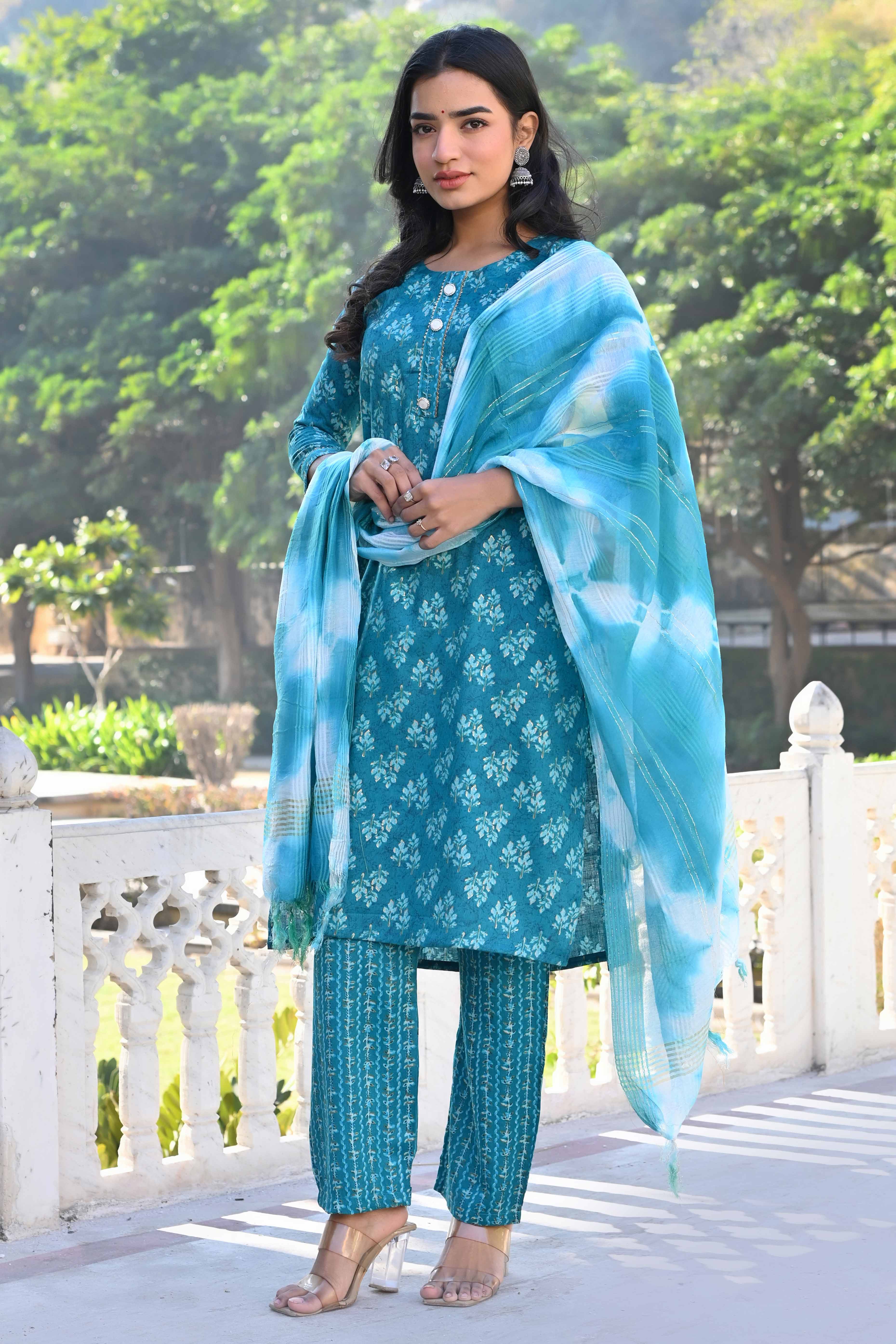 Turquoise Floral Foil Printed Rayon Salwar Suit