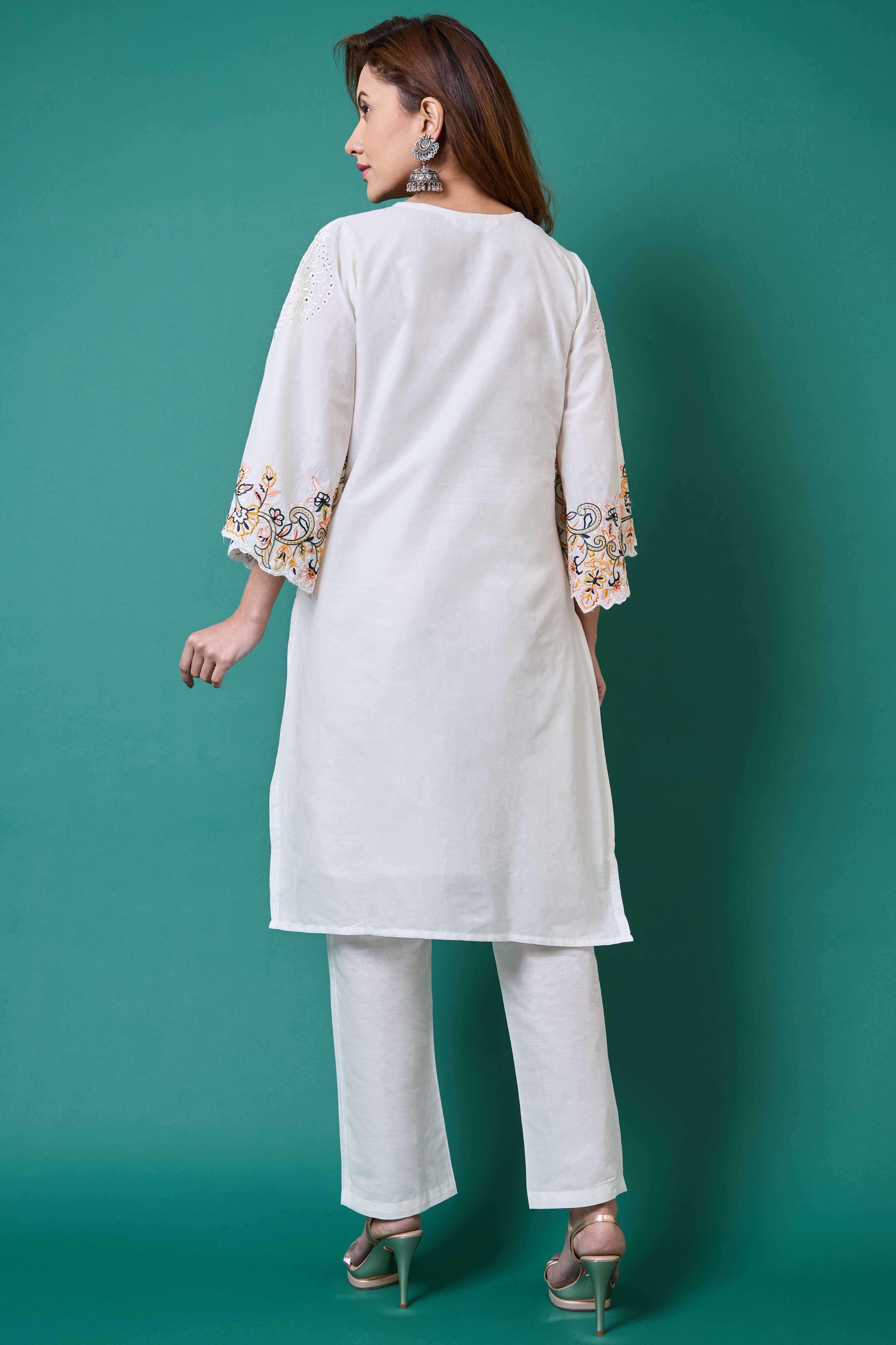 White Floral Embroidery Pure Cotton Co-Ord Set