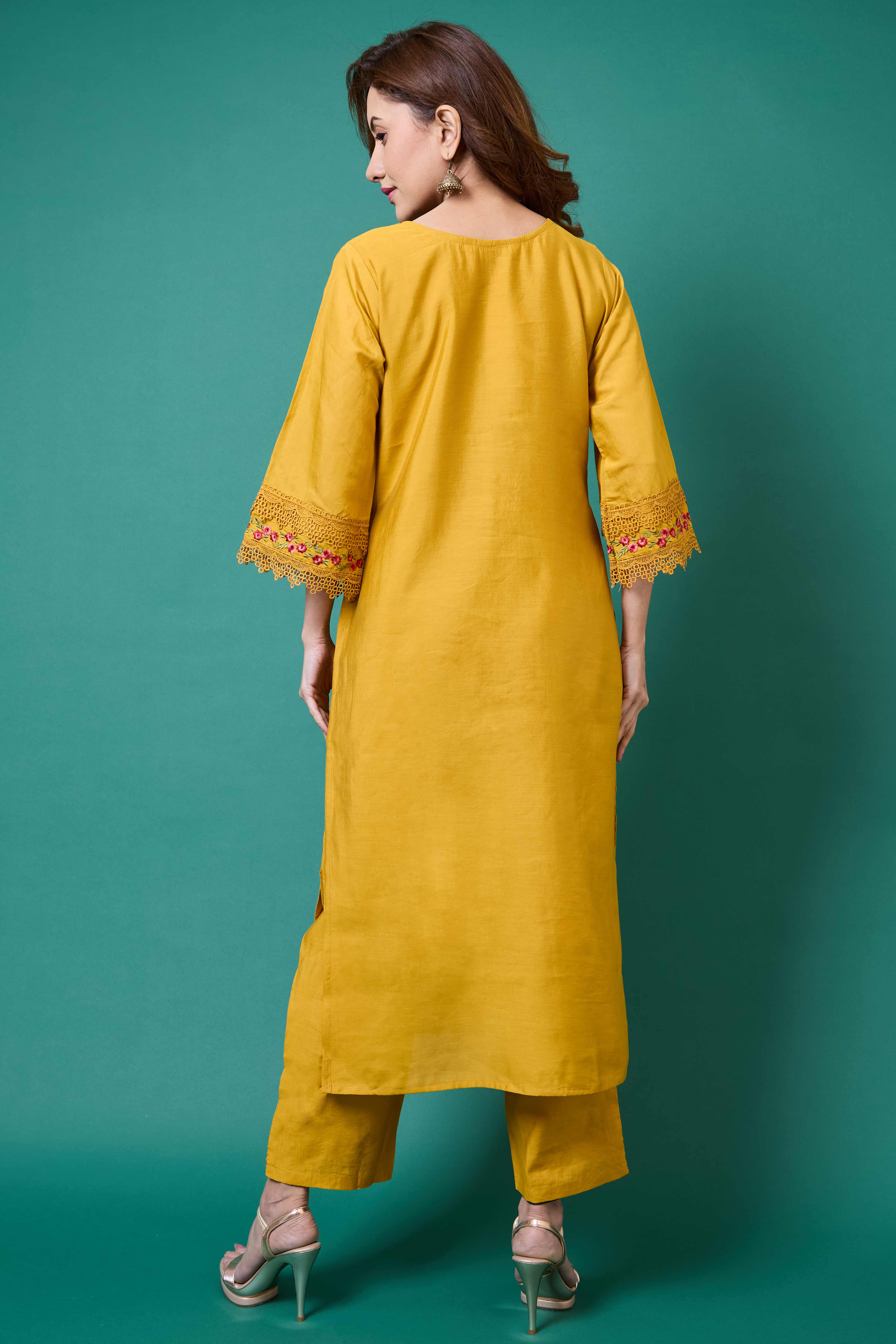 Mustard Floral Embroidered Chanderi Silk Salwar Suit