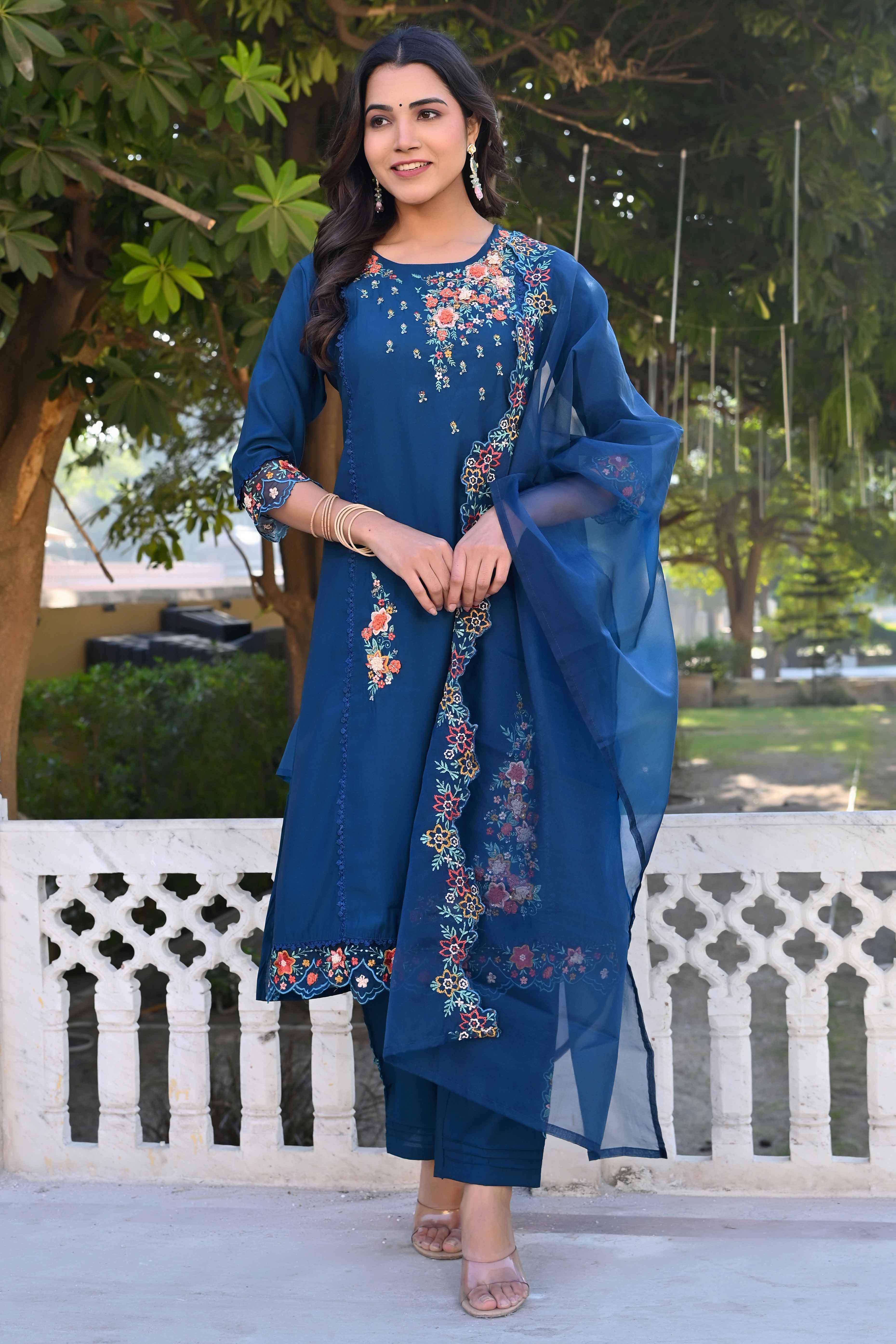 Navy Blue Floral Embroidery Handwork Viscose Salwar Suit