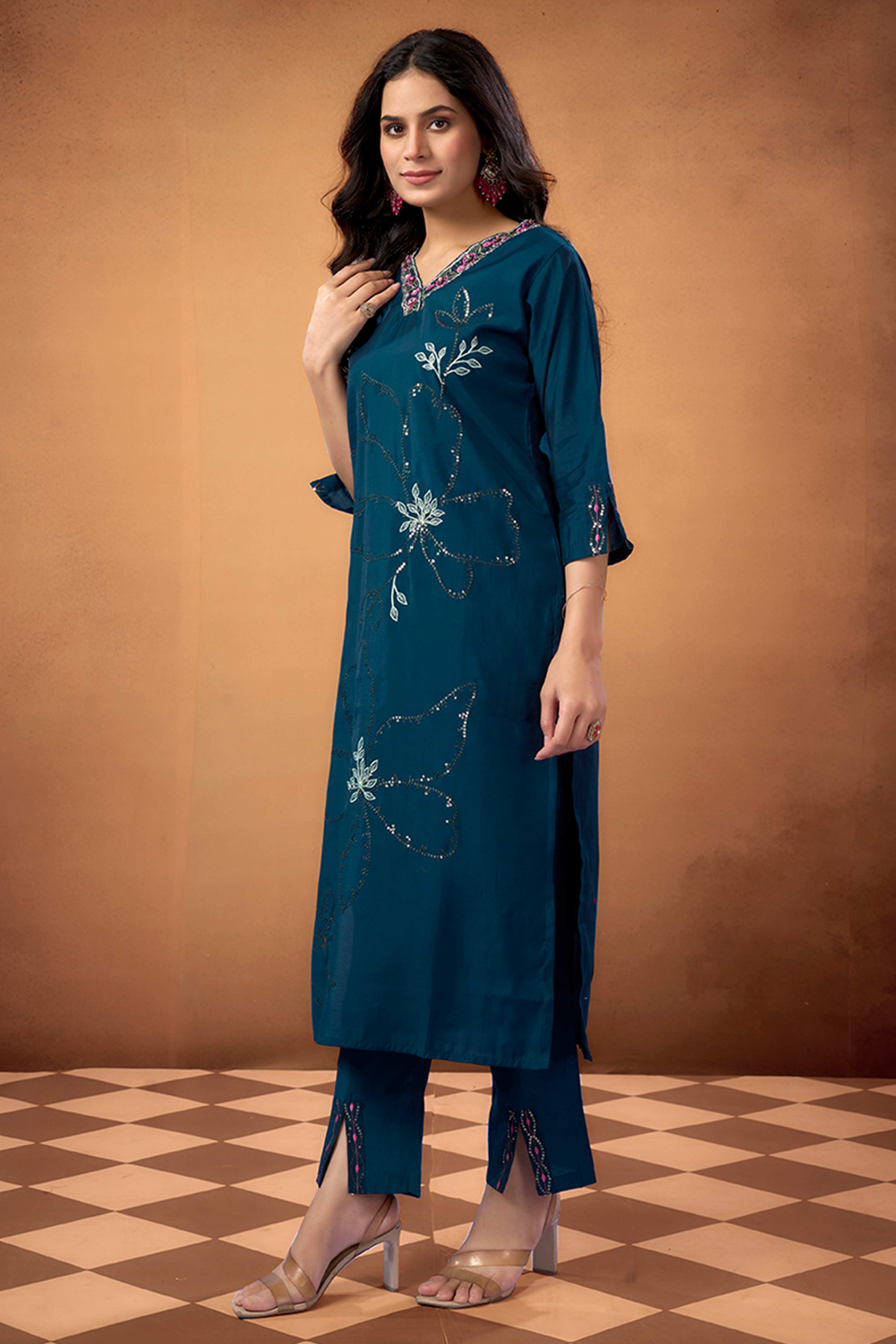 Blue Sequins Embroidered Chanderi Silk Straight Salwar Suit