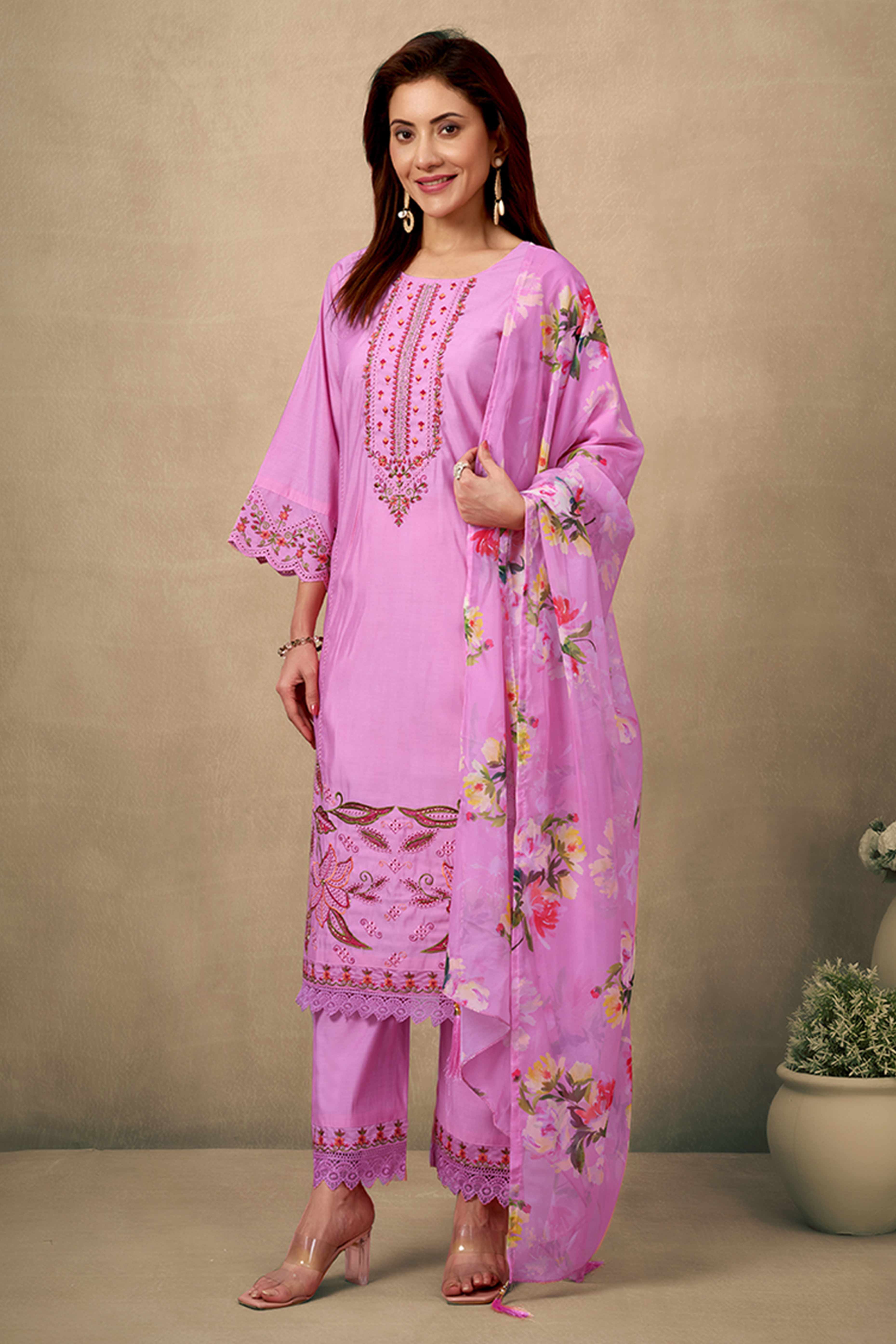 Pink Floral Embroidered Straight Salwar Suit Made of Chanderi Silk.