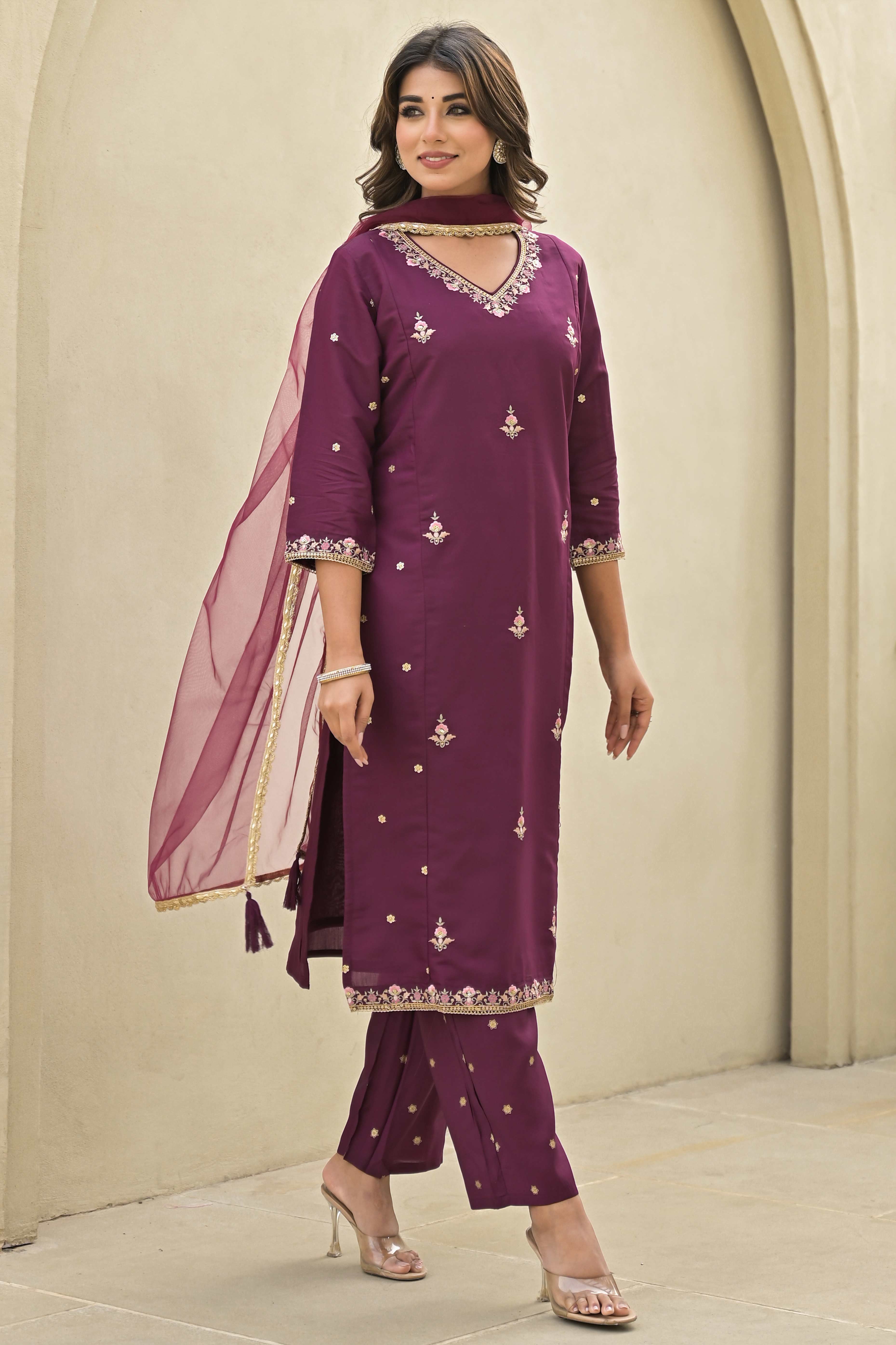 Wine Floral Embroidered Chanderi Silk Salwar Suit