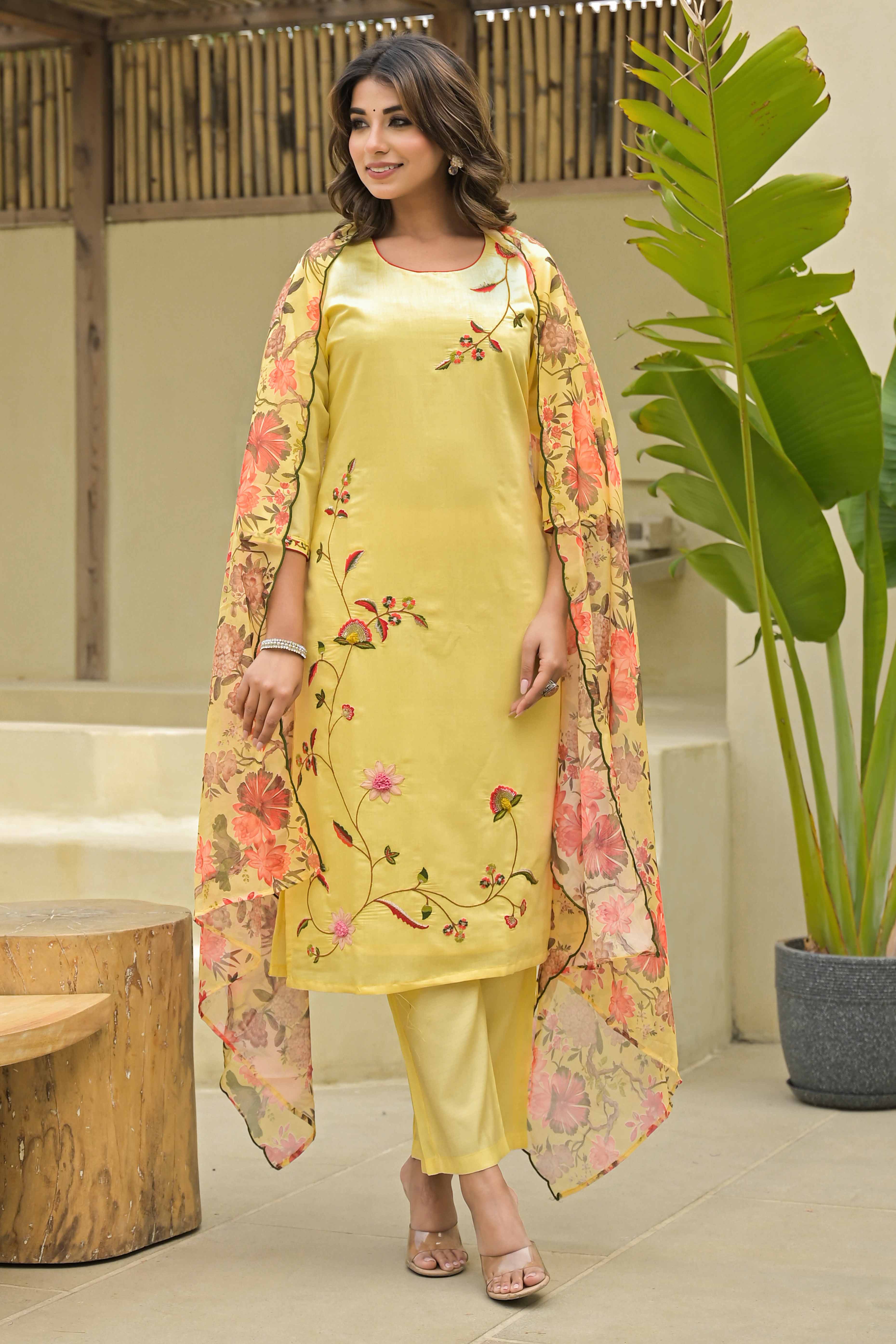 Yellow Thread Work Embroidered Chanderi Silk Salwar Suit