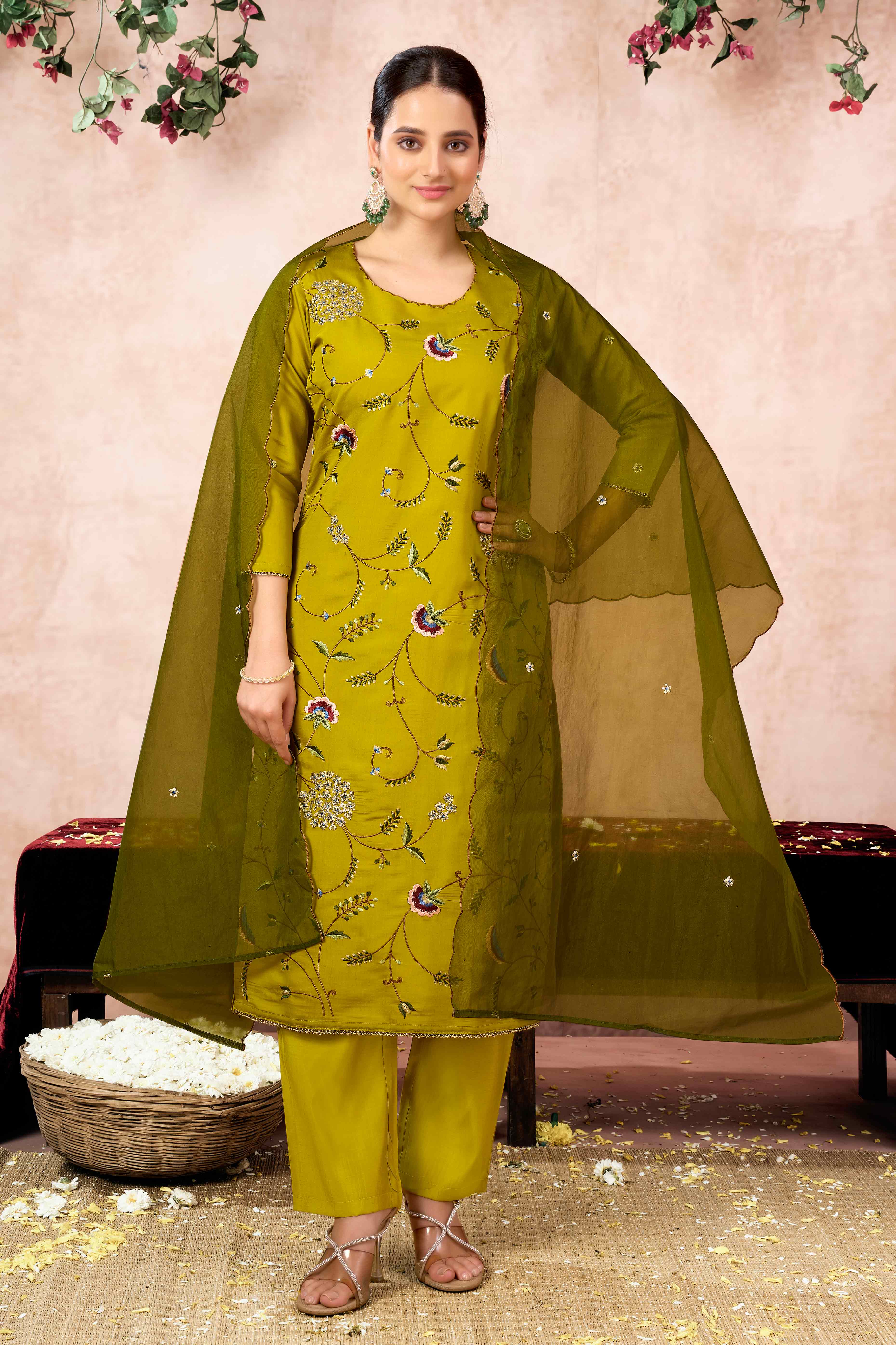 Lime Yellow Floral Embroidered Muslin Straight Salwar Suit