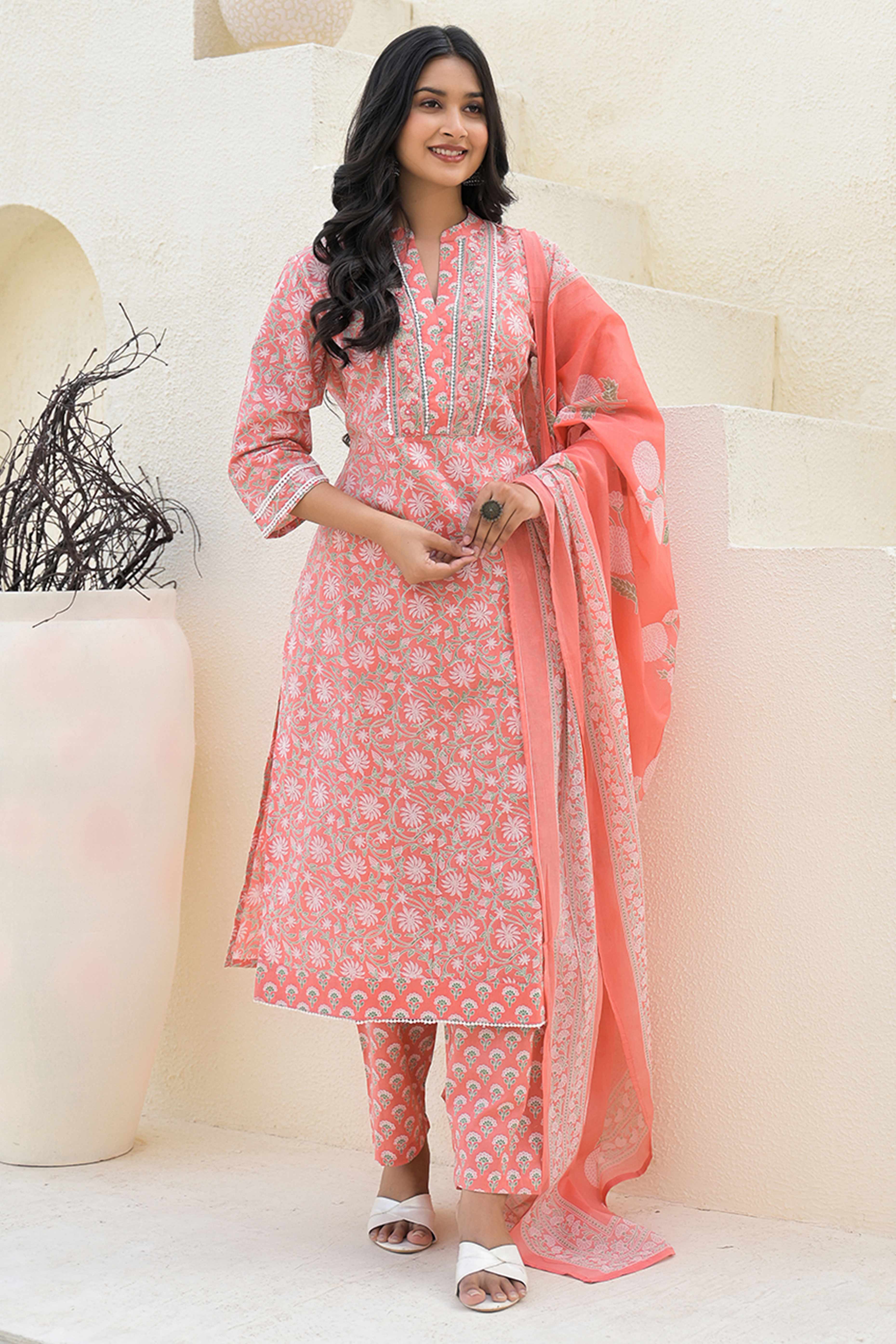 Gajari Pink Pure Cotton Straight Salwar Suit Adorned With Delicate Floral Prints & Embroidery Work