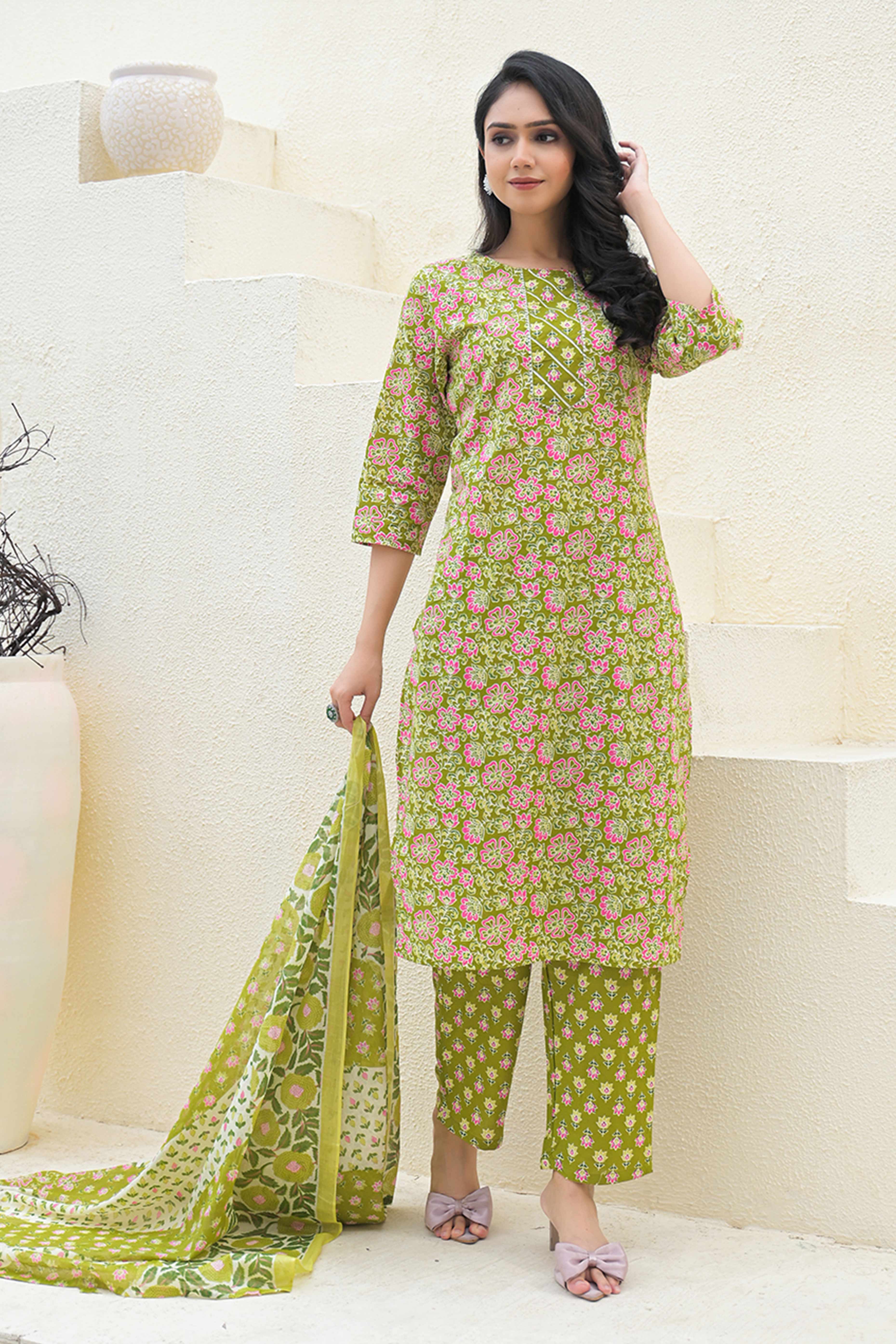 Olive Floral Printed Pure Cotton Suit in a Straight Silhouette for Everyday Ease