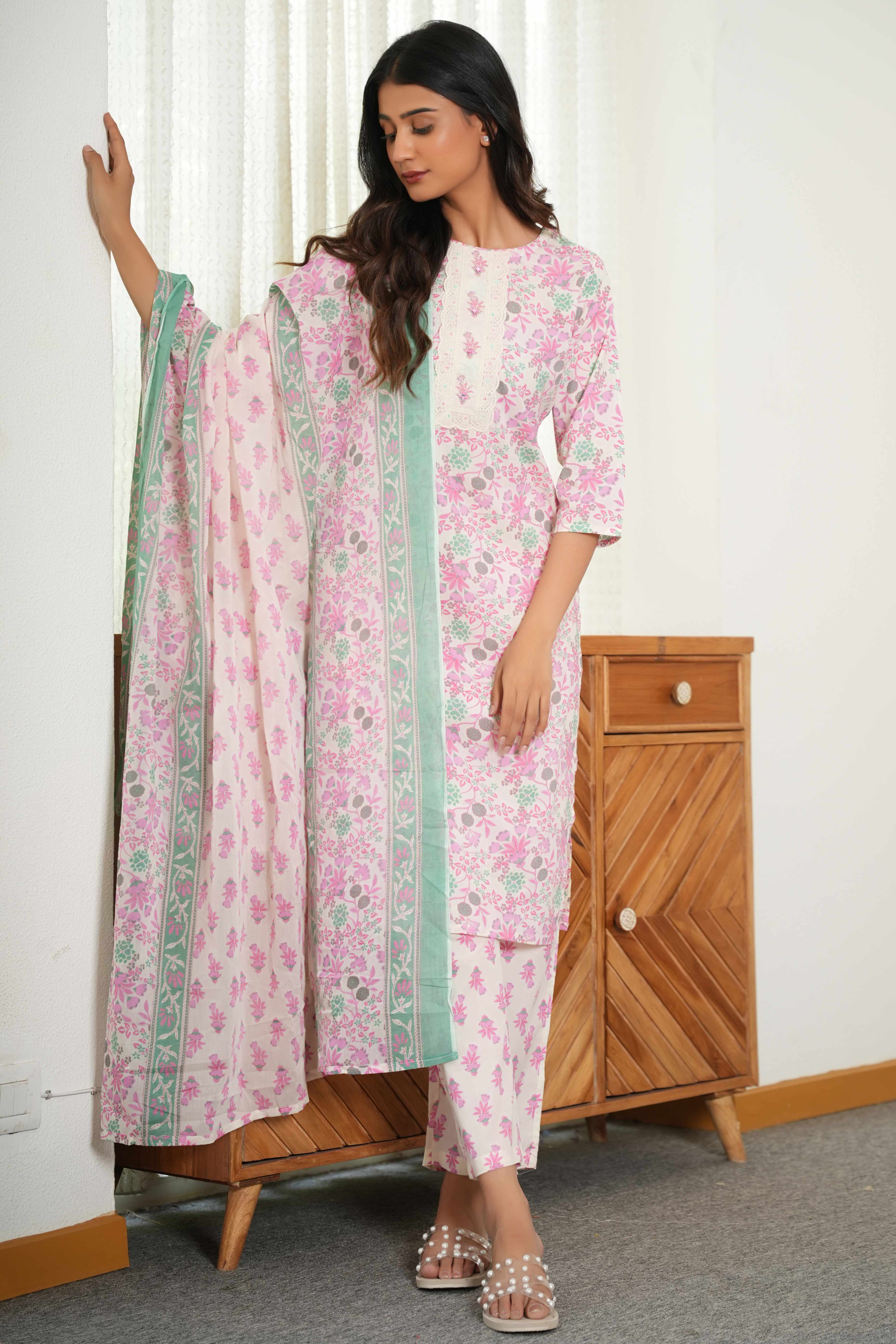 White & Pink Floral Printed Pure Cotton Straight Salwar Suit for Every Occasion