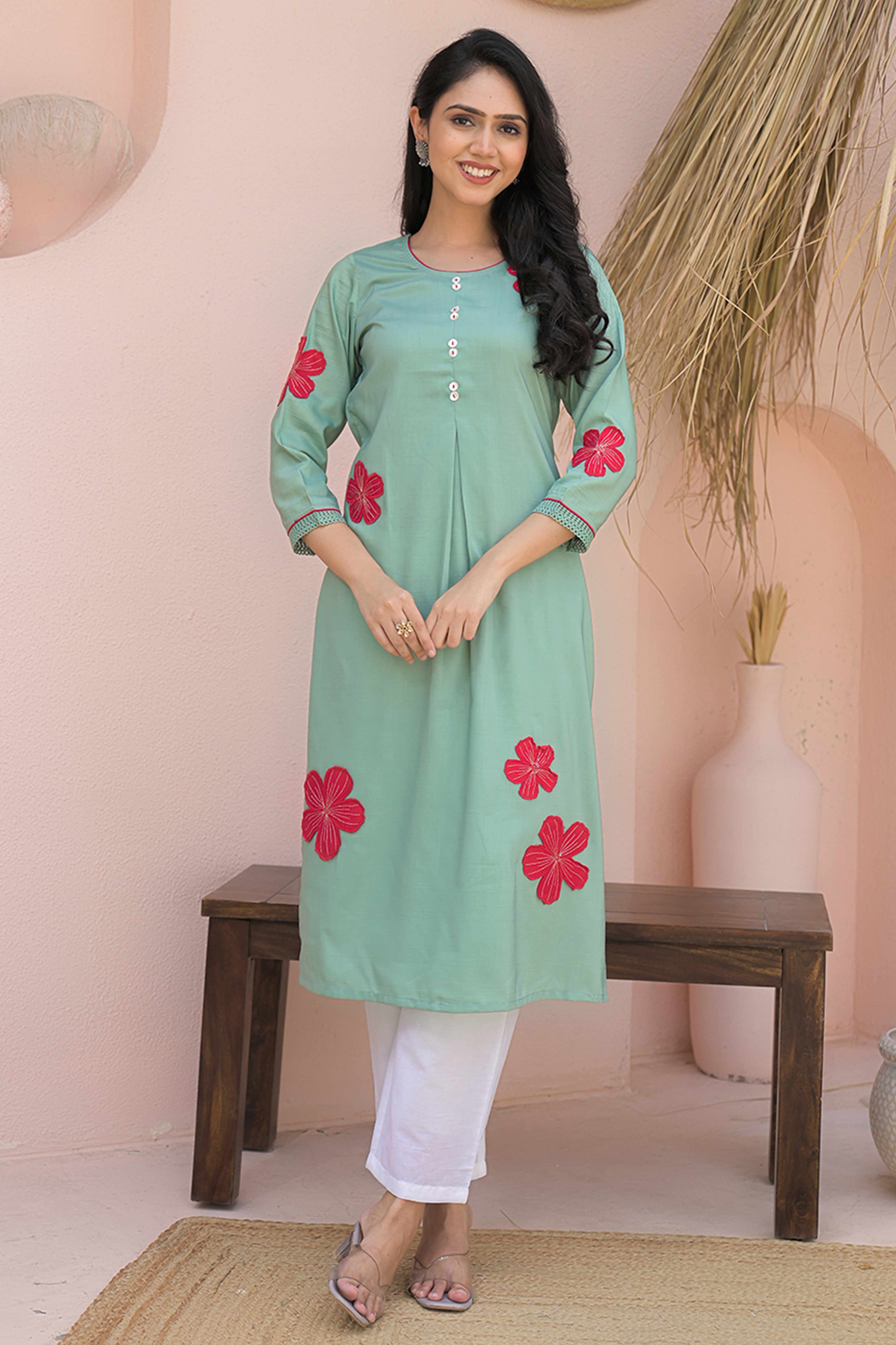 Sea Green Cotton Blend Straight Kurti with Embroidered Floral Patterns