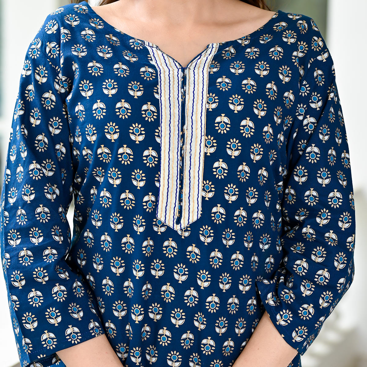 Blue Floral Foil Printed Pure Cotton Suit