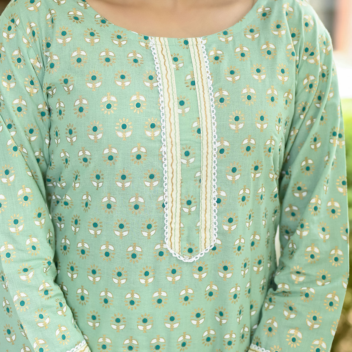 Green Floral Foil Printed Pure Cotton Suit