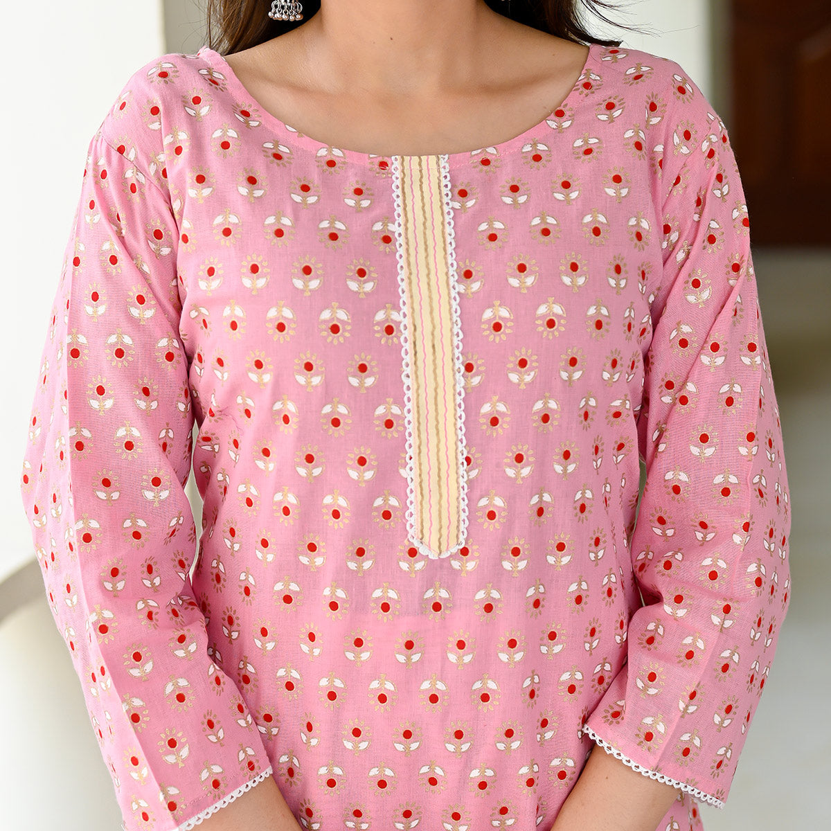 Pink Floral Foil Printed Pure Cotton Suit