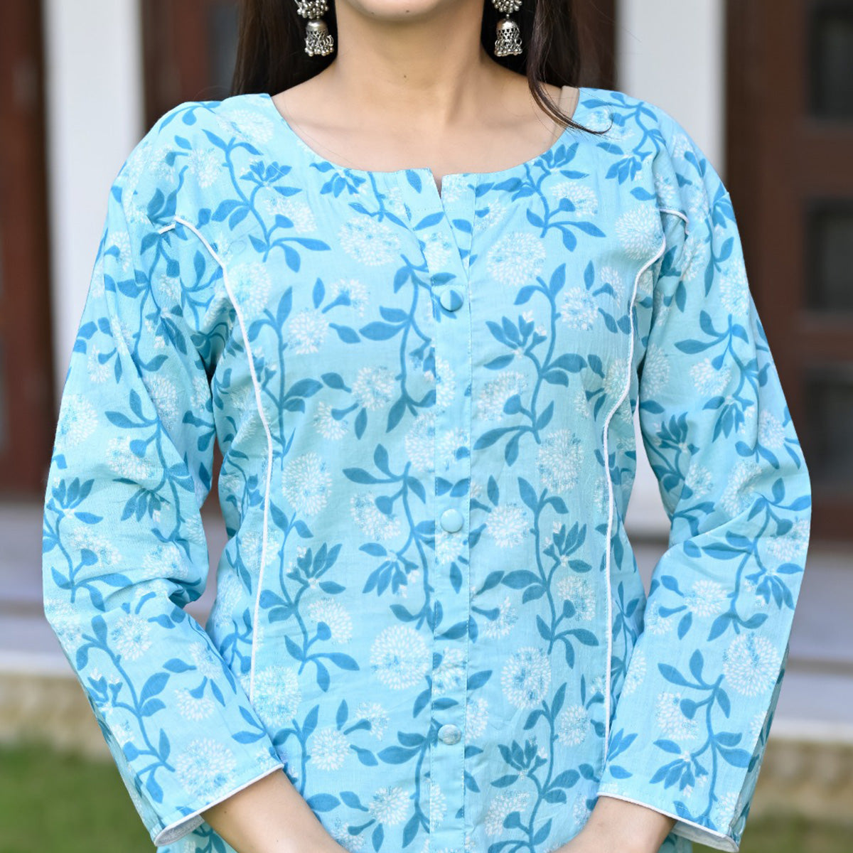 Blue Floral Printed Pure Cotton Kurti