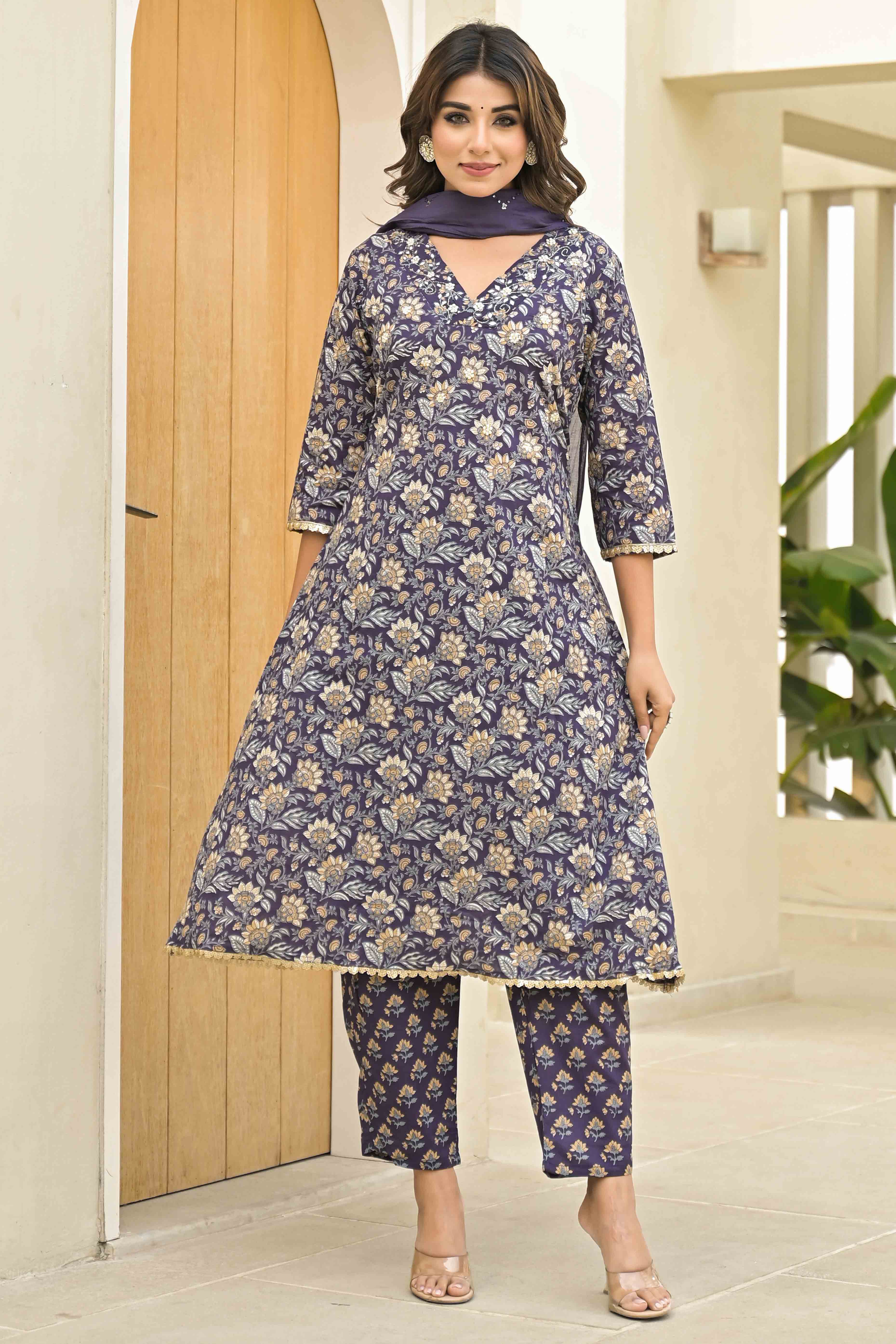 Wine Floral Printed Pure Cotton A-Line Salwar Suit