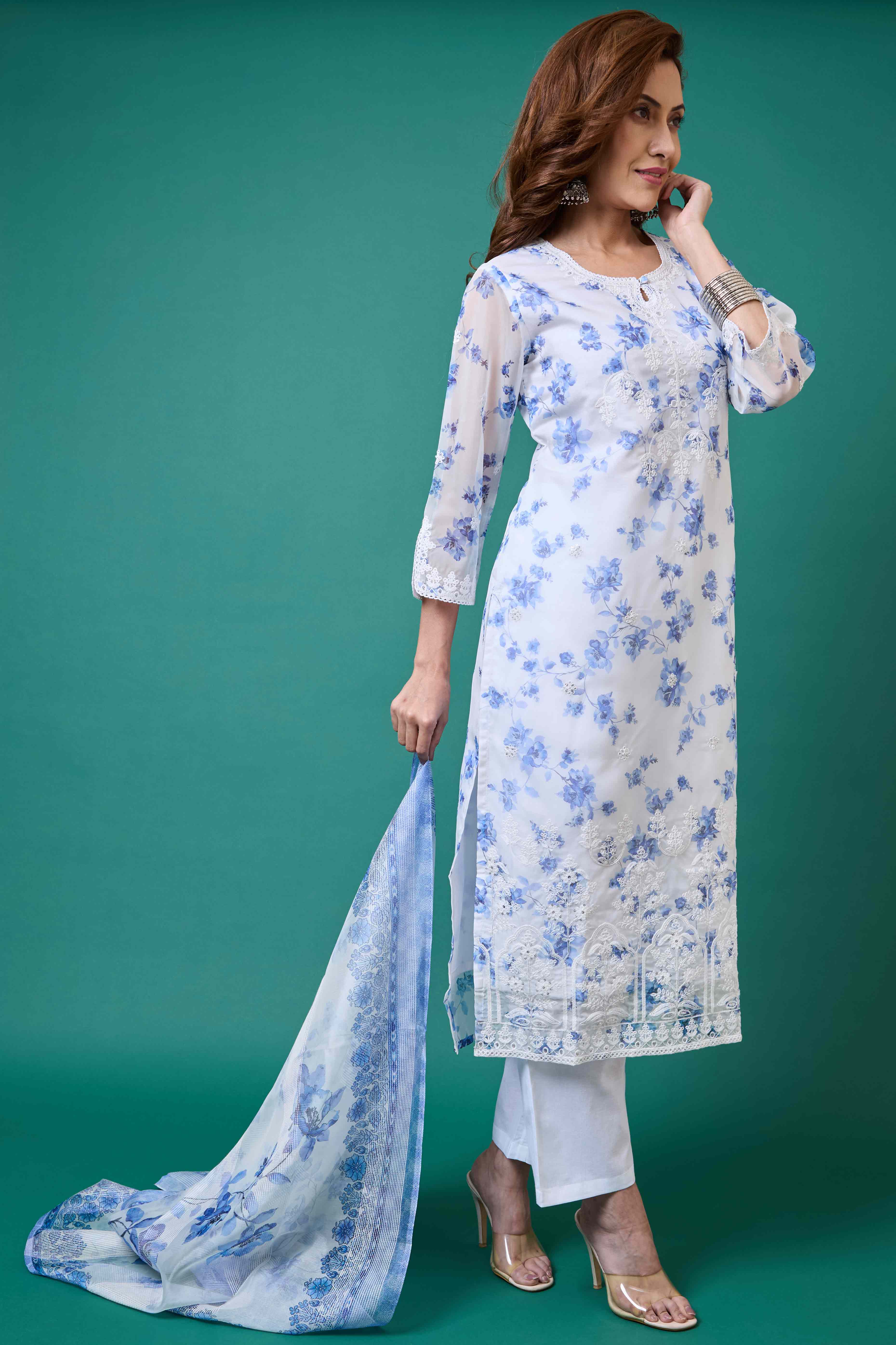 White Floral Embroidery with Printed Organza Salwar Suit