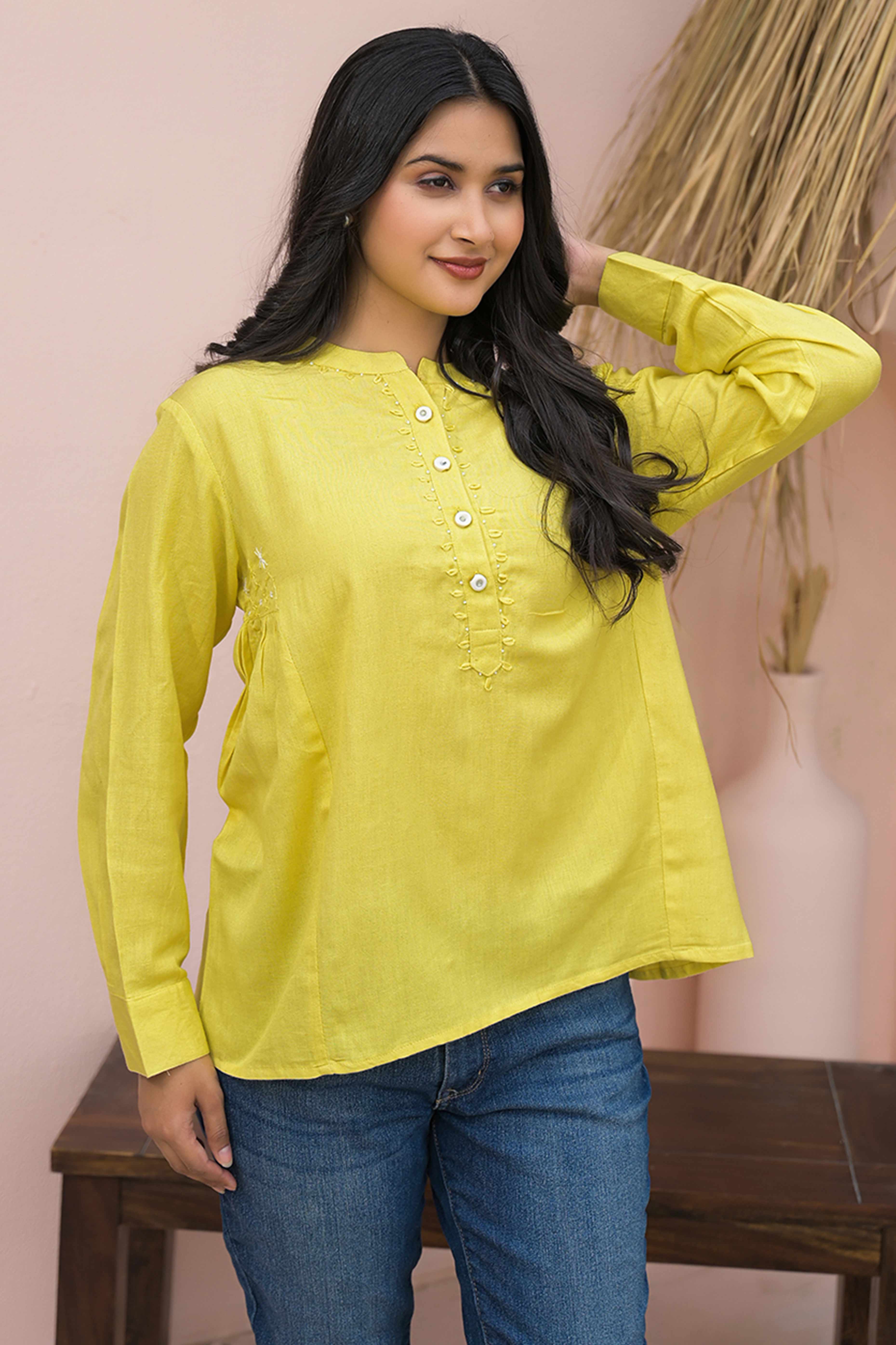 Bright Lemon Yellow Solid Cotton Top With Flowy A-Line Fit