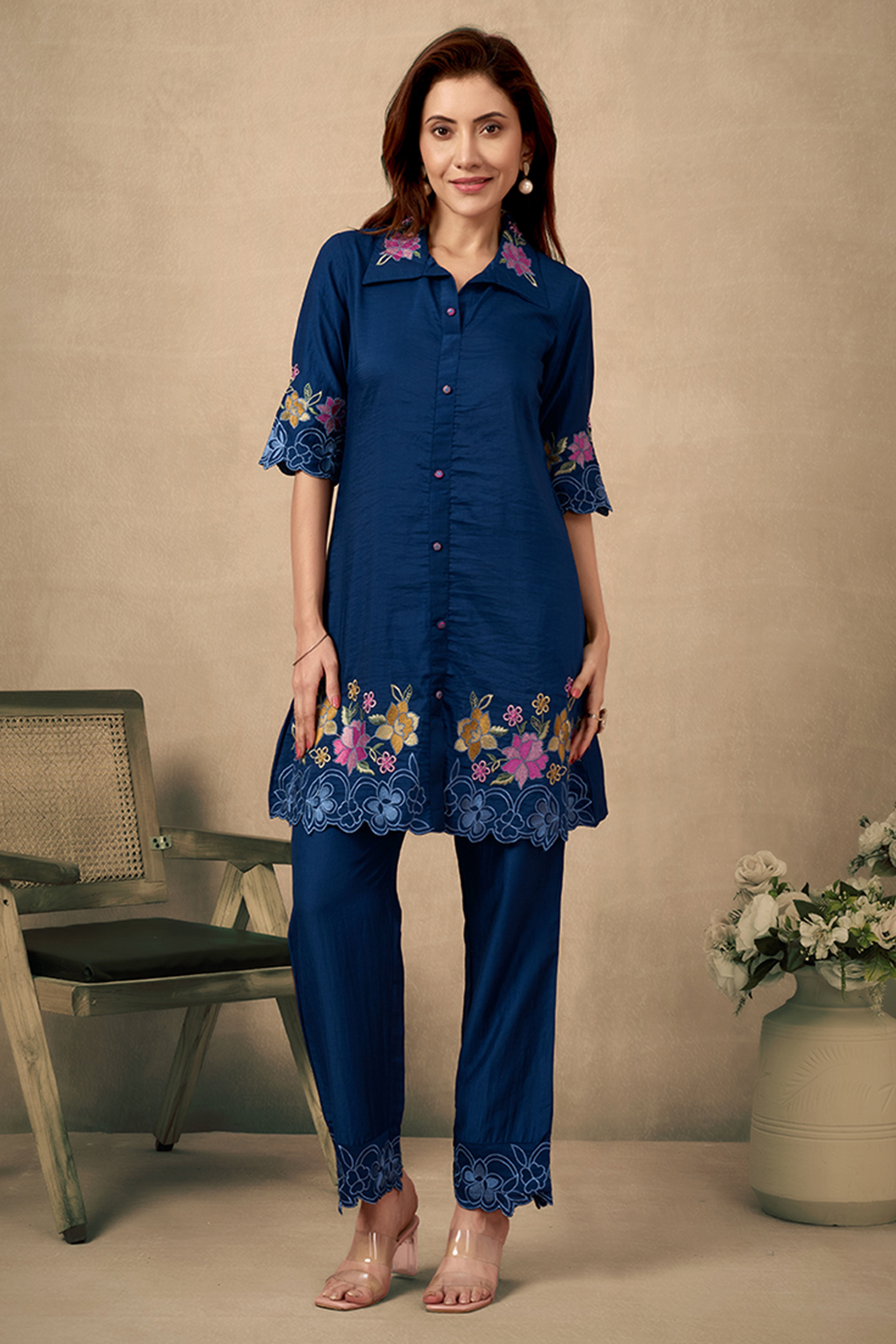Ethereal Navy Blue Chinon Co-Ord Set with Floral Embroidery