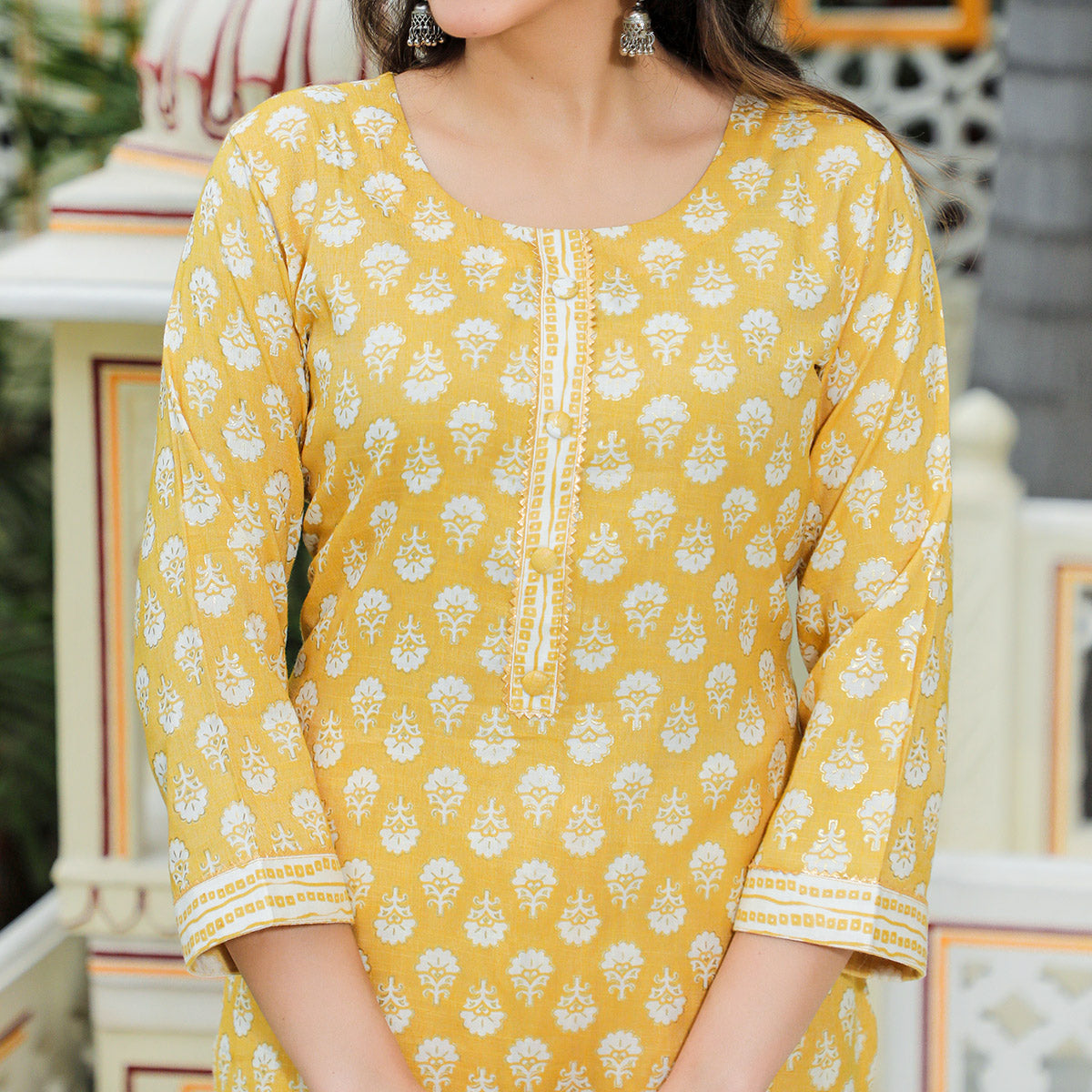 Yellow Floral Foil Printed Rayon Suit