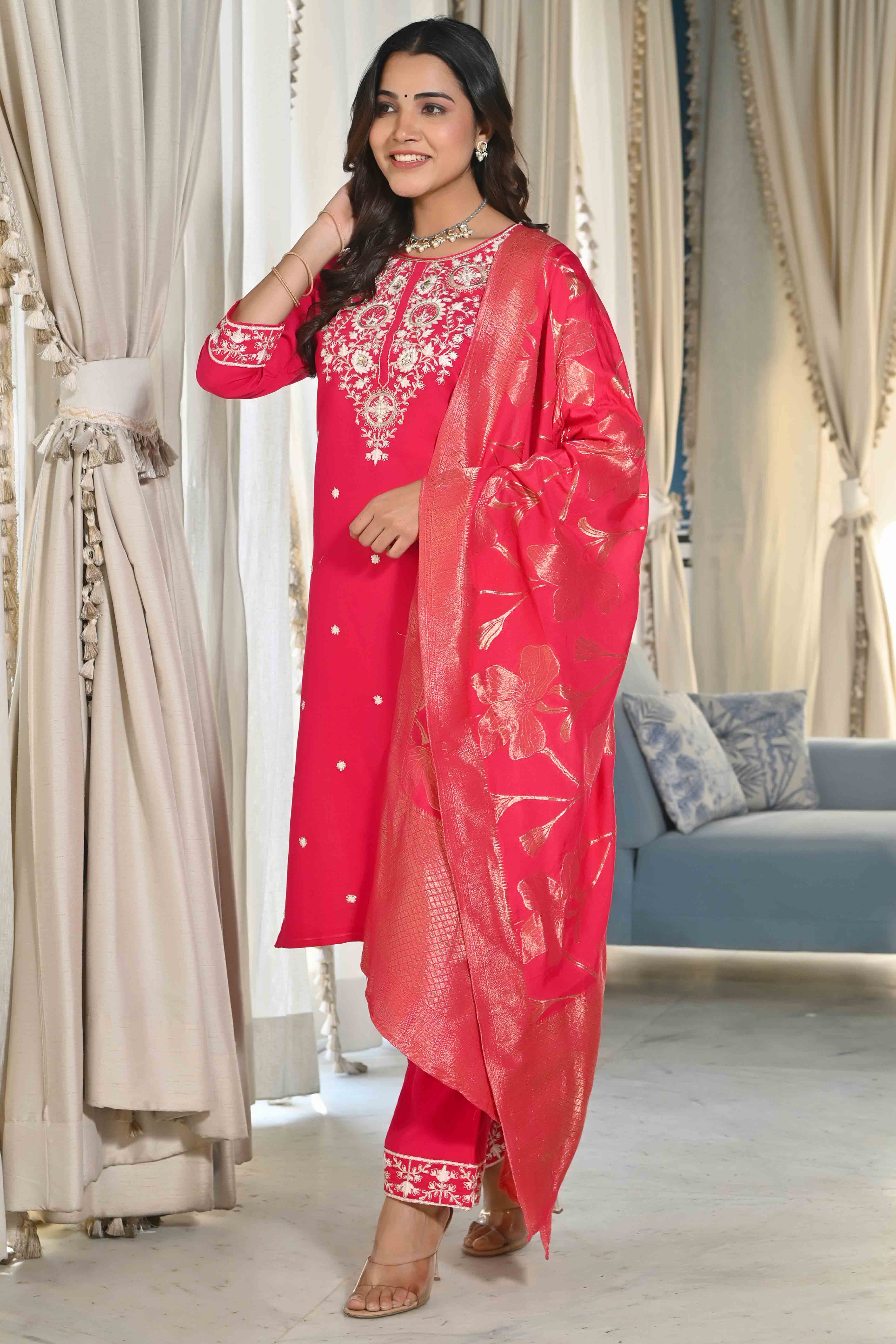 Pink Sequins Embroidered Cotton Silk Salwar Suit