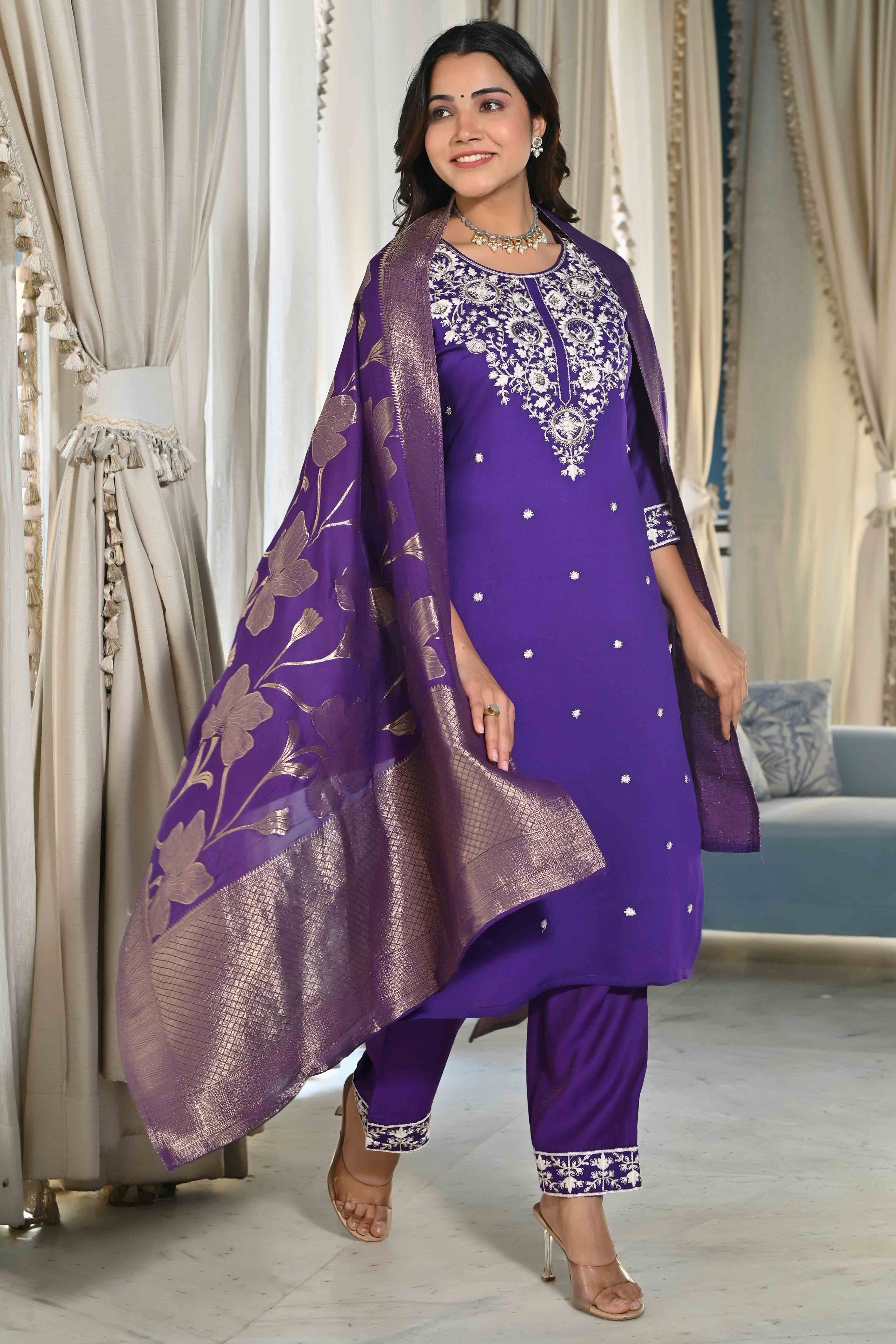 Violet Sequins Embroidered Cotton Silk Salwar Suit