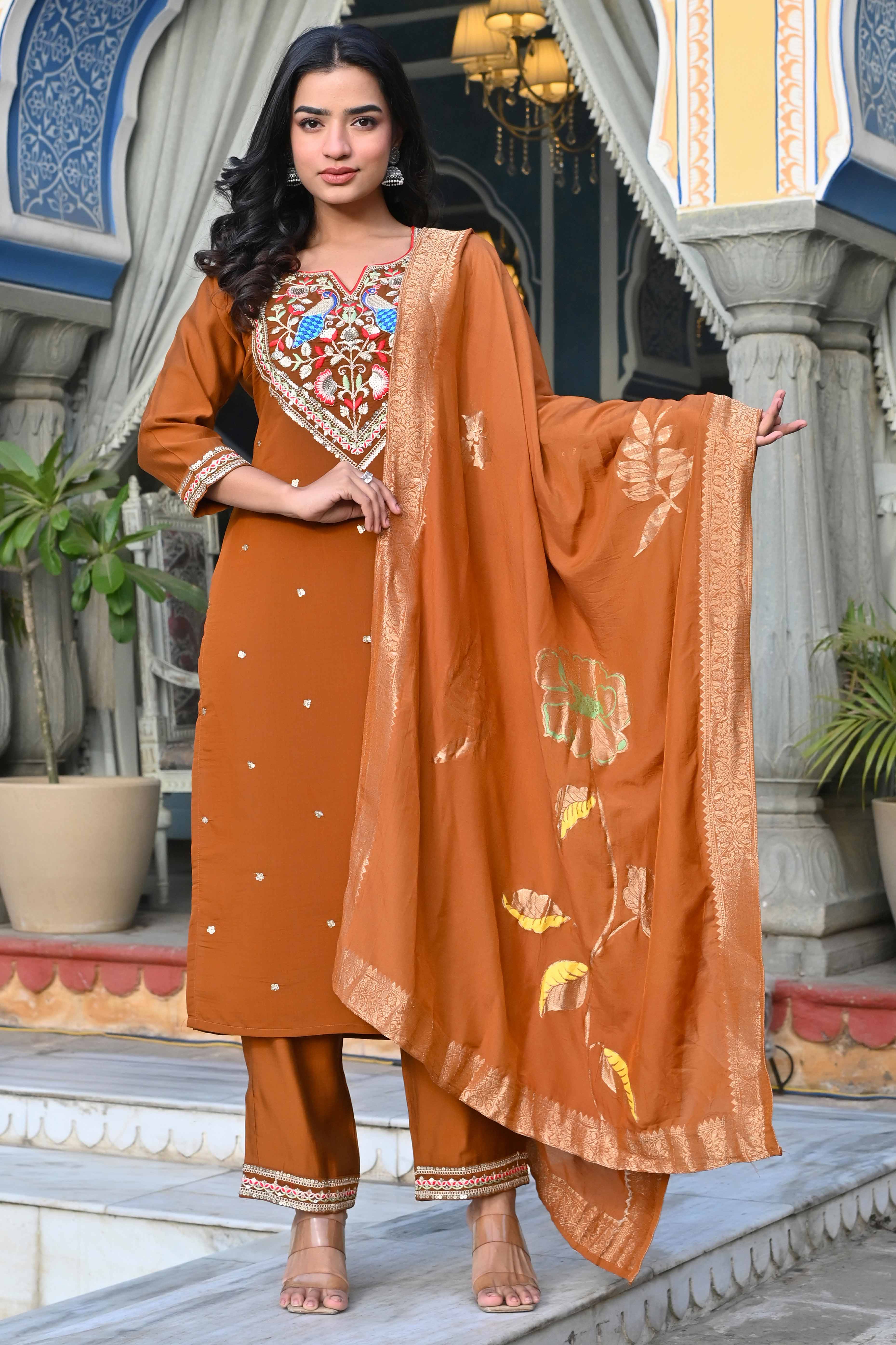 Brown Sequins Embroidered Viscose Salwar Suit