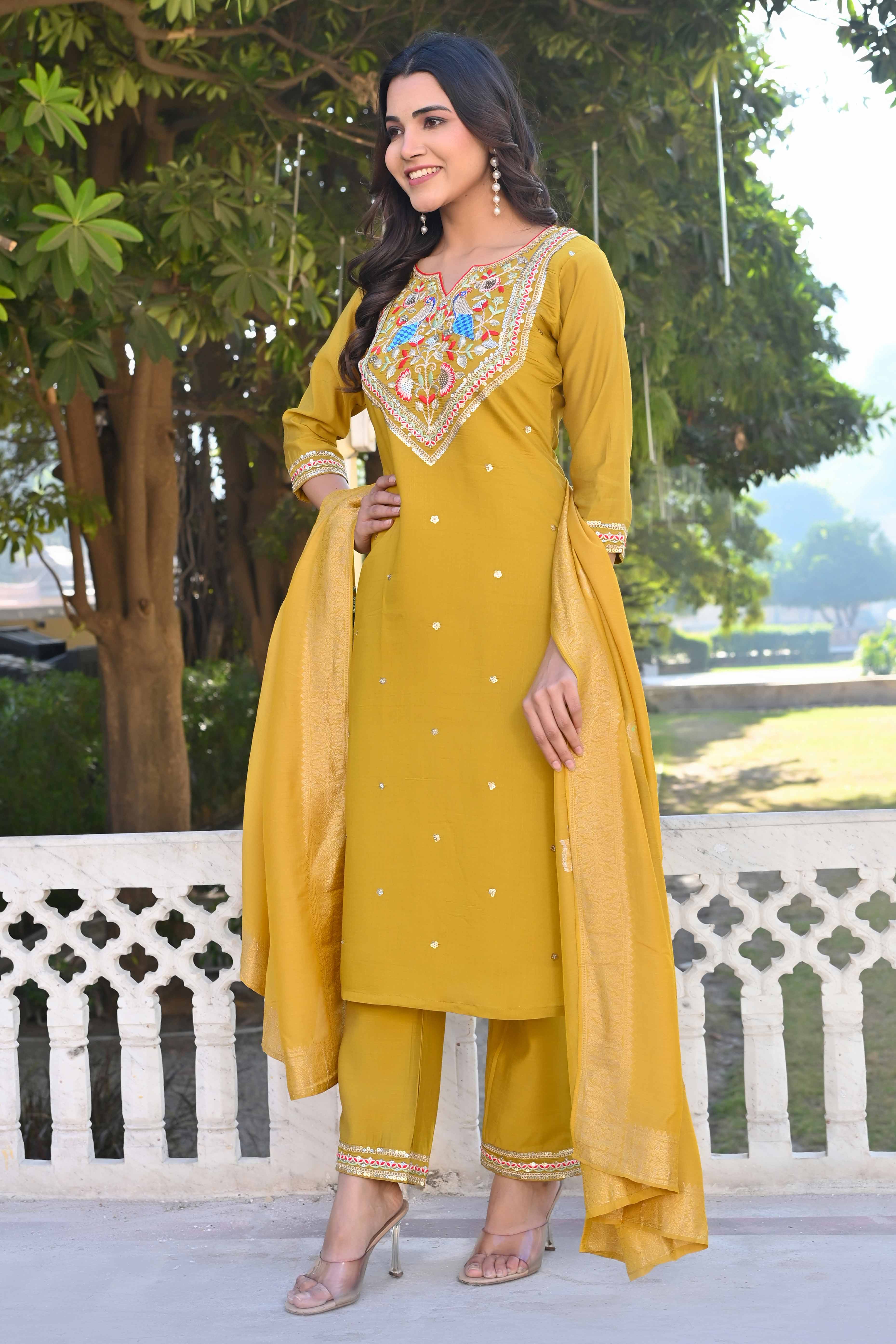 Mustard Sequins Embroidered Viscose Salwar Suit