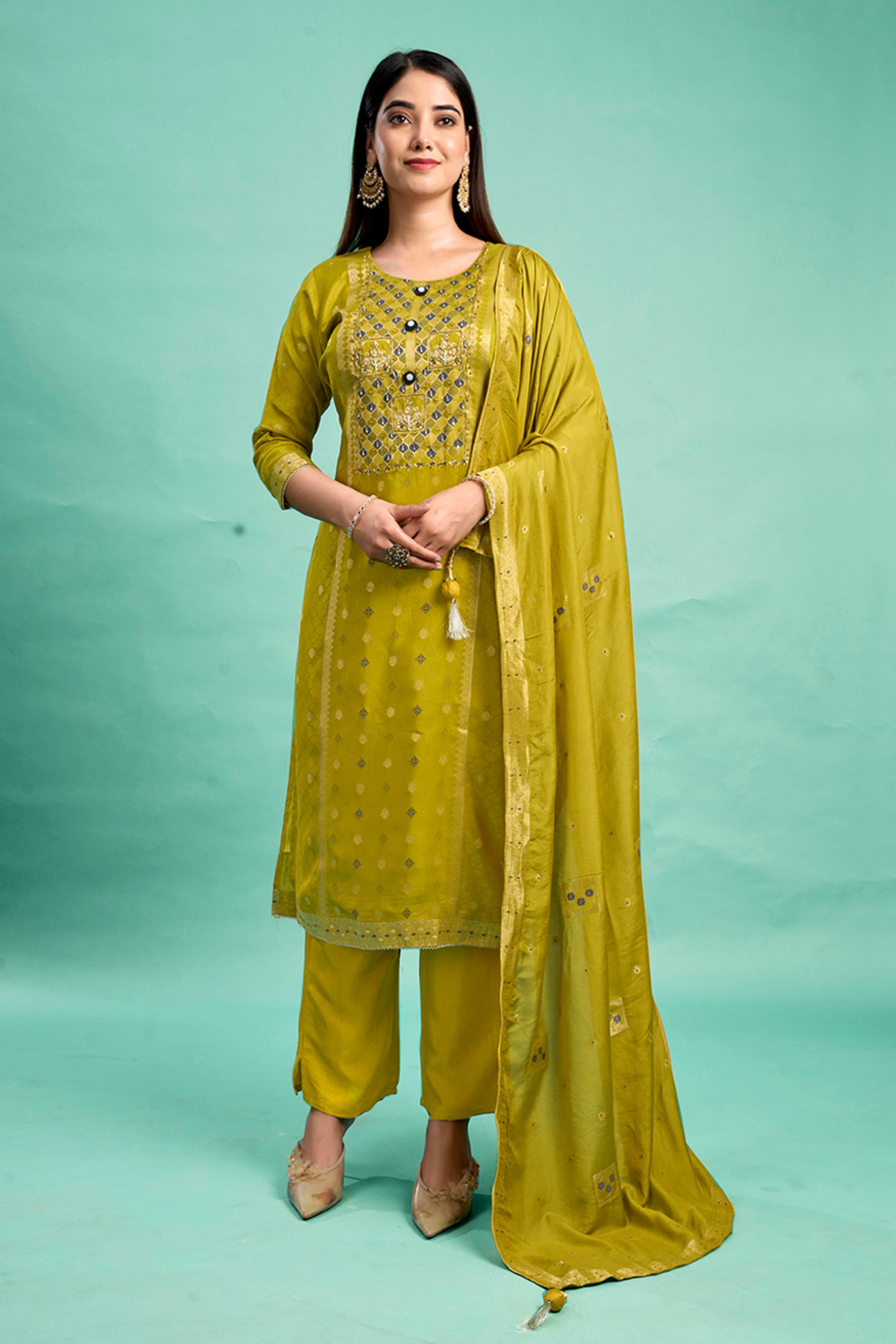 Olive Stone Work Weaving Pure Viscose Salwar Suit